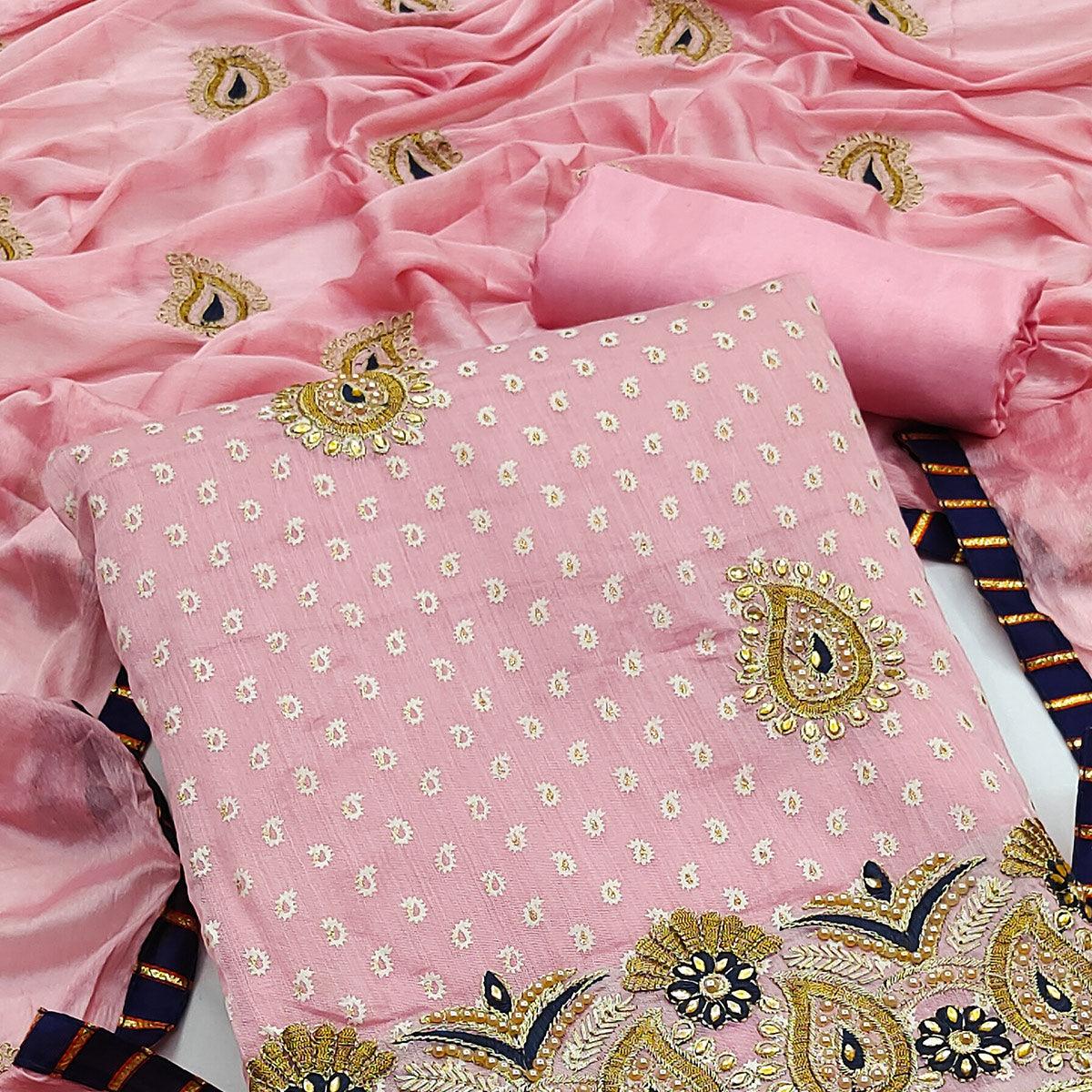 Pink Zardosi Work Fancy Fabric Dress Material - Peachmode