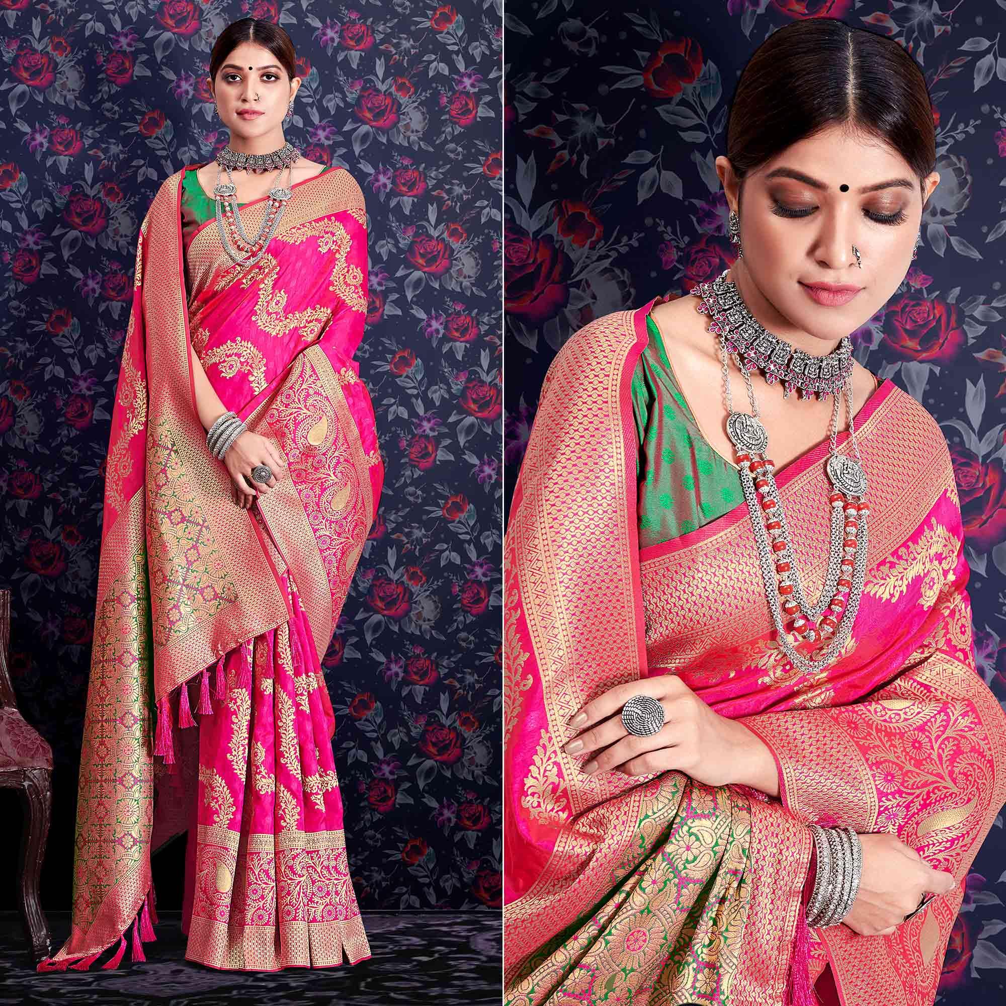 Pink Zari Woven Art Silk Saree - Peachmode
