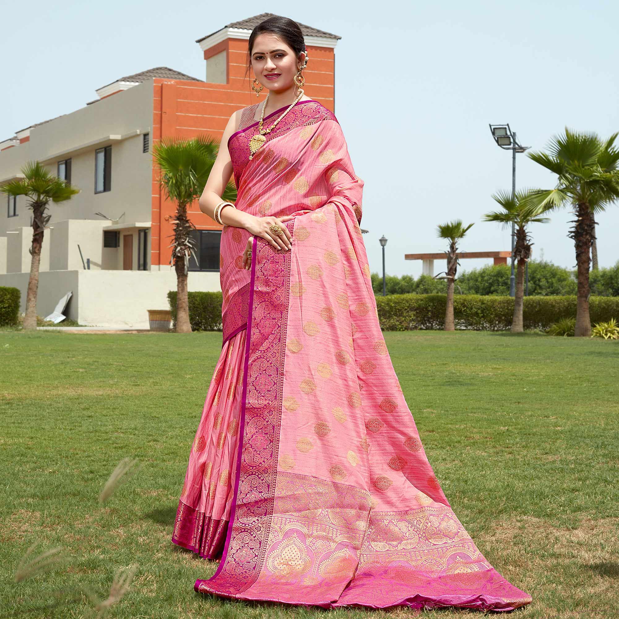 Pink Zari Woven Art Silk Saree - Peachmode