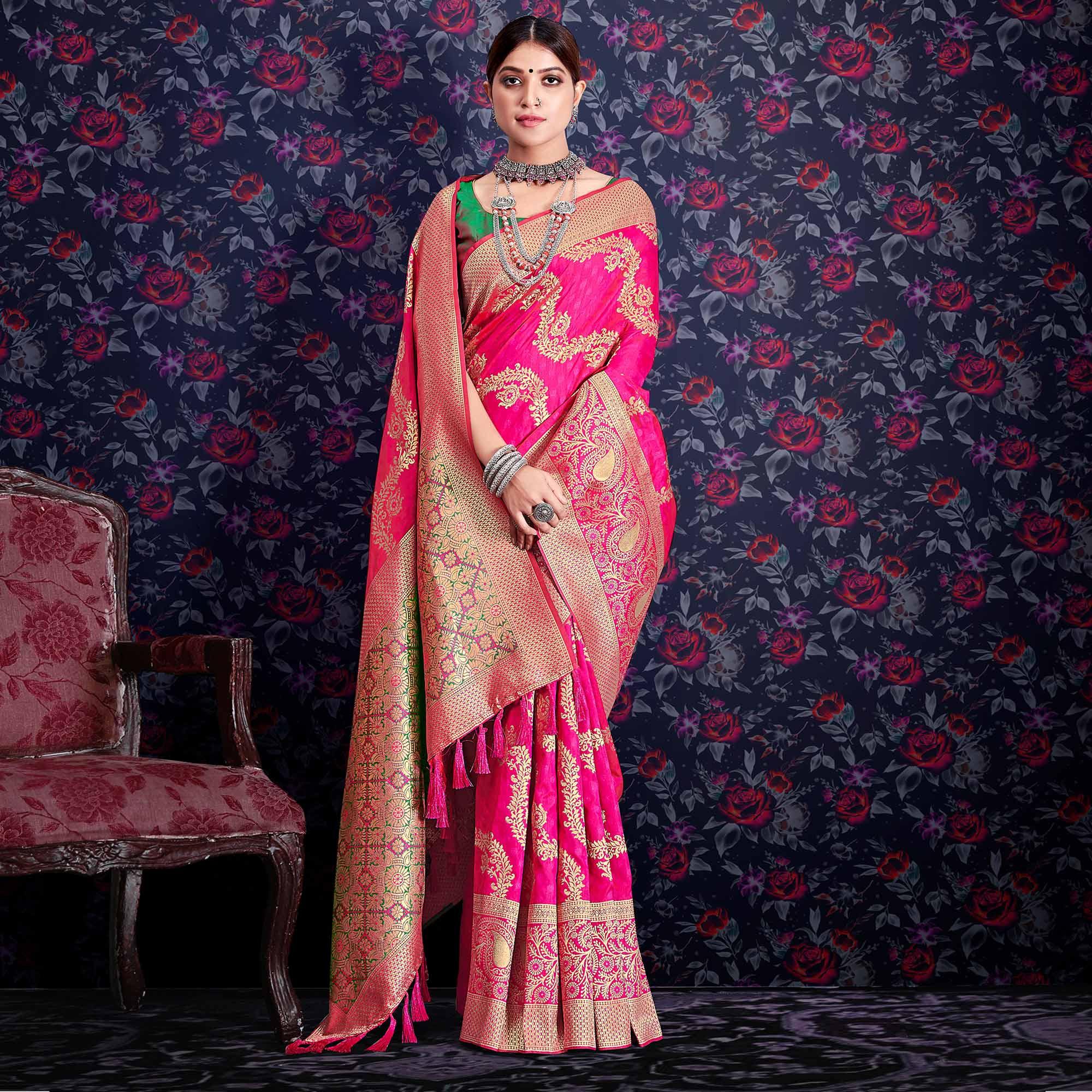 Pink Zari Woven Art Silk Saree - Peachmode