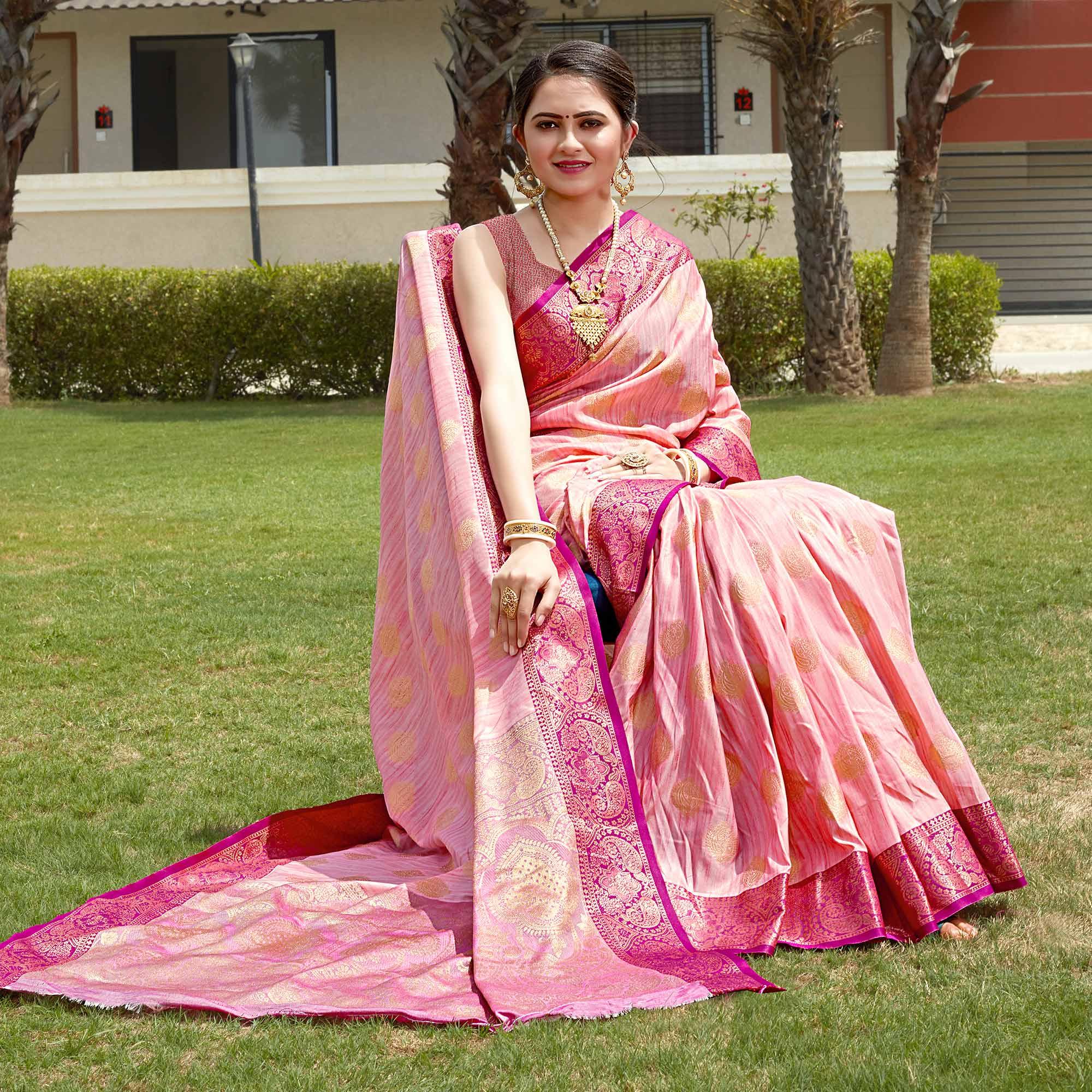 Pink Zari Woven Art Silk Saree - Peachmode