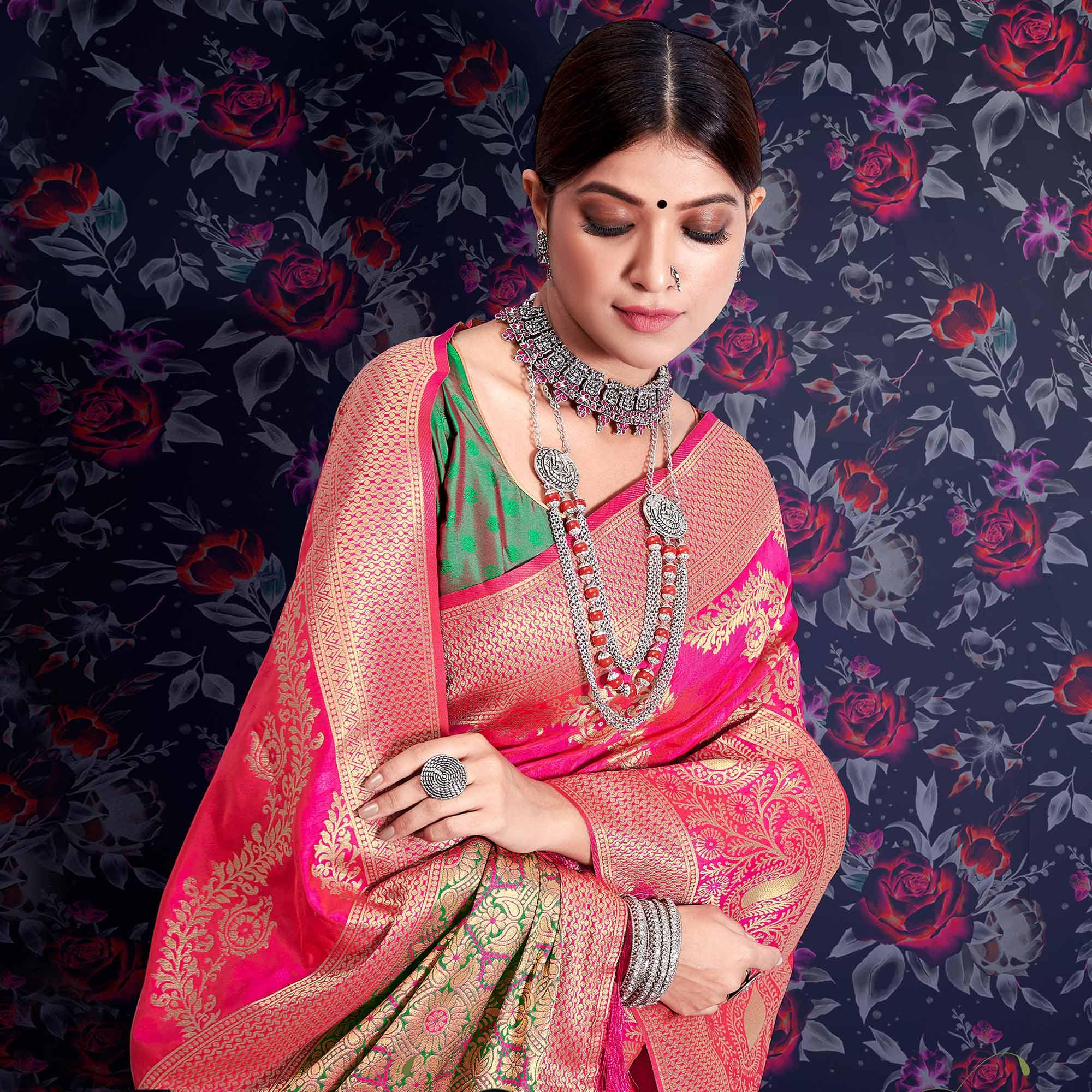 Pink Zari Woven Art Silk Saree - Peachmode