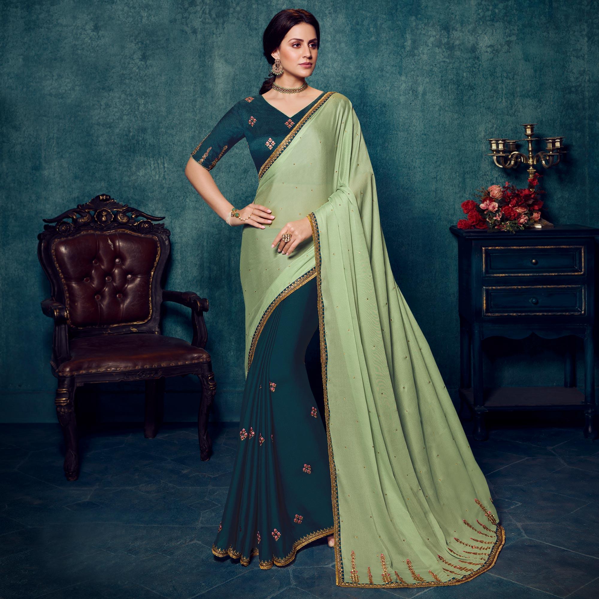 Pista - Blue Festive Wear Embroidered Silk - Satin Silk Half Half Saree - Peachmode