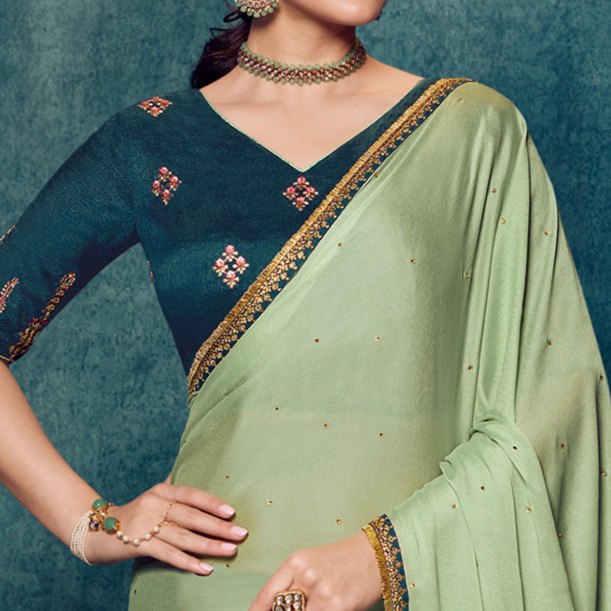 Pista - Blue Festive Wear Embroidered Silk - Satin Silk Half Half Saree - Peachmode