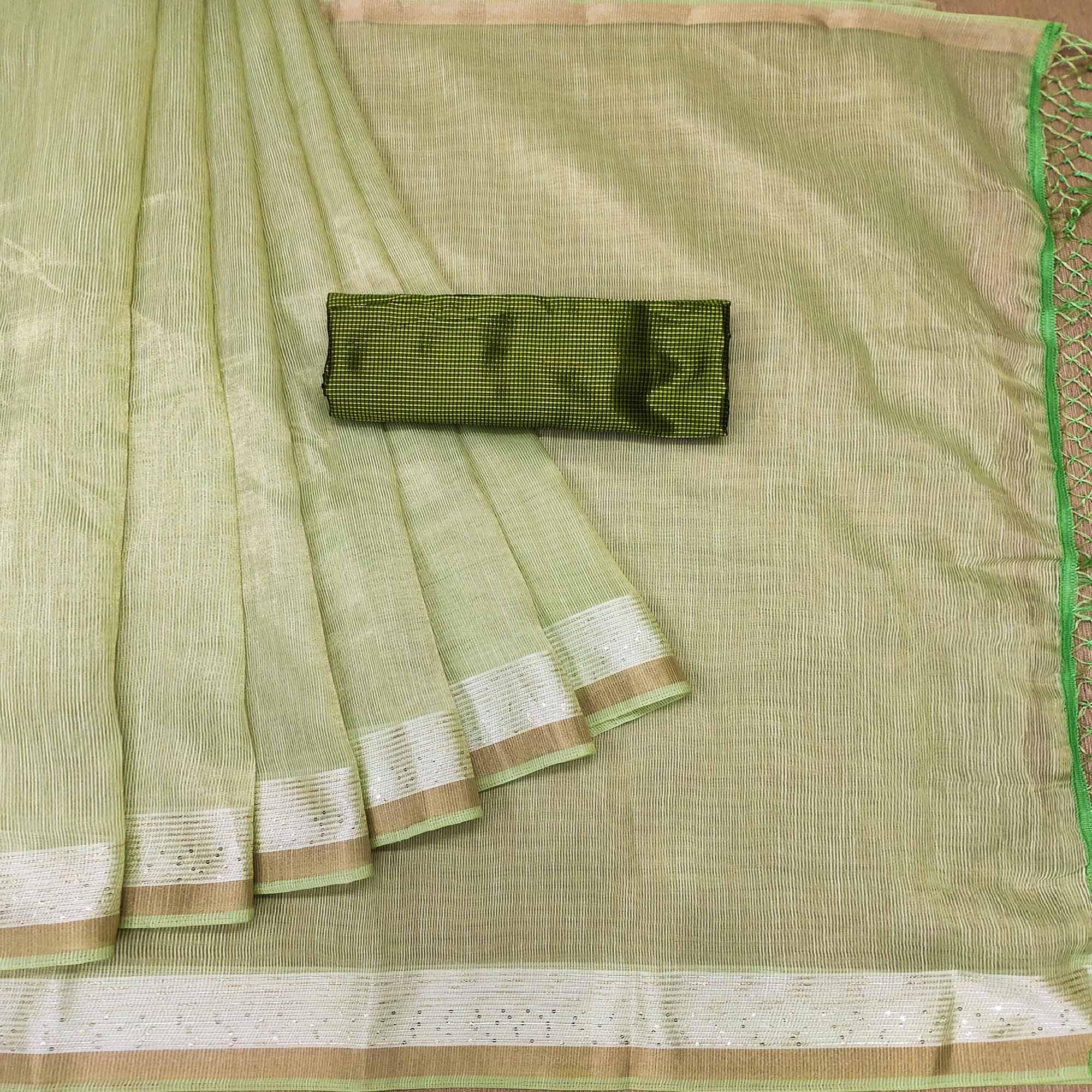 Pista Casual Wear Embroidered Cotton Saree With Tassels - Peachmode
