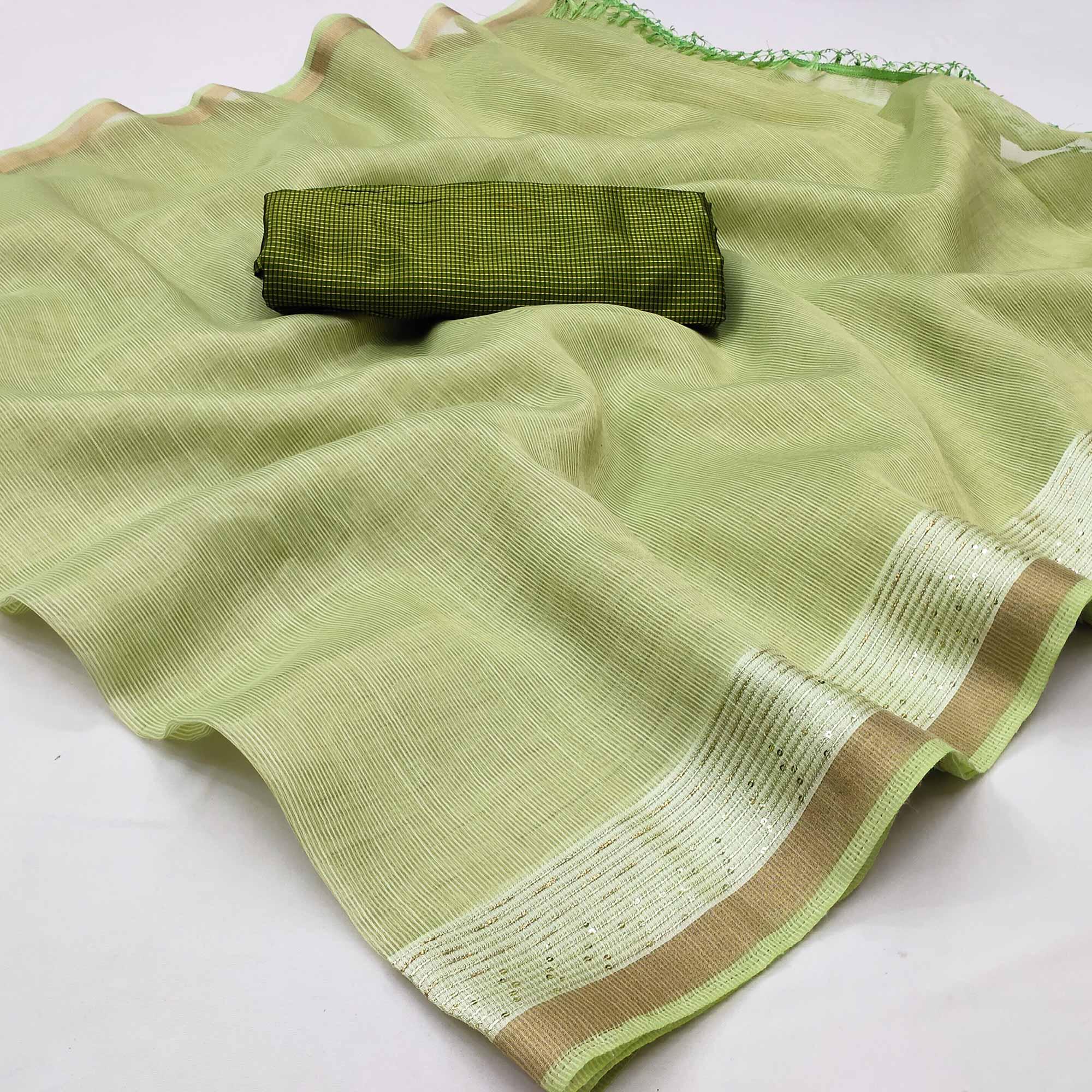 Pista Casual Wear Embroidered Cotton Saree With Tassels - Peachmode