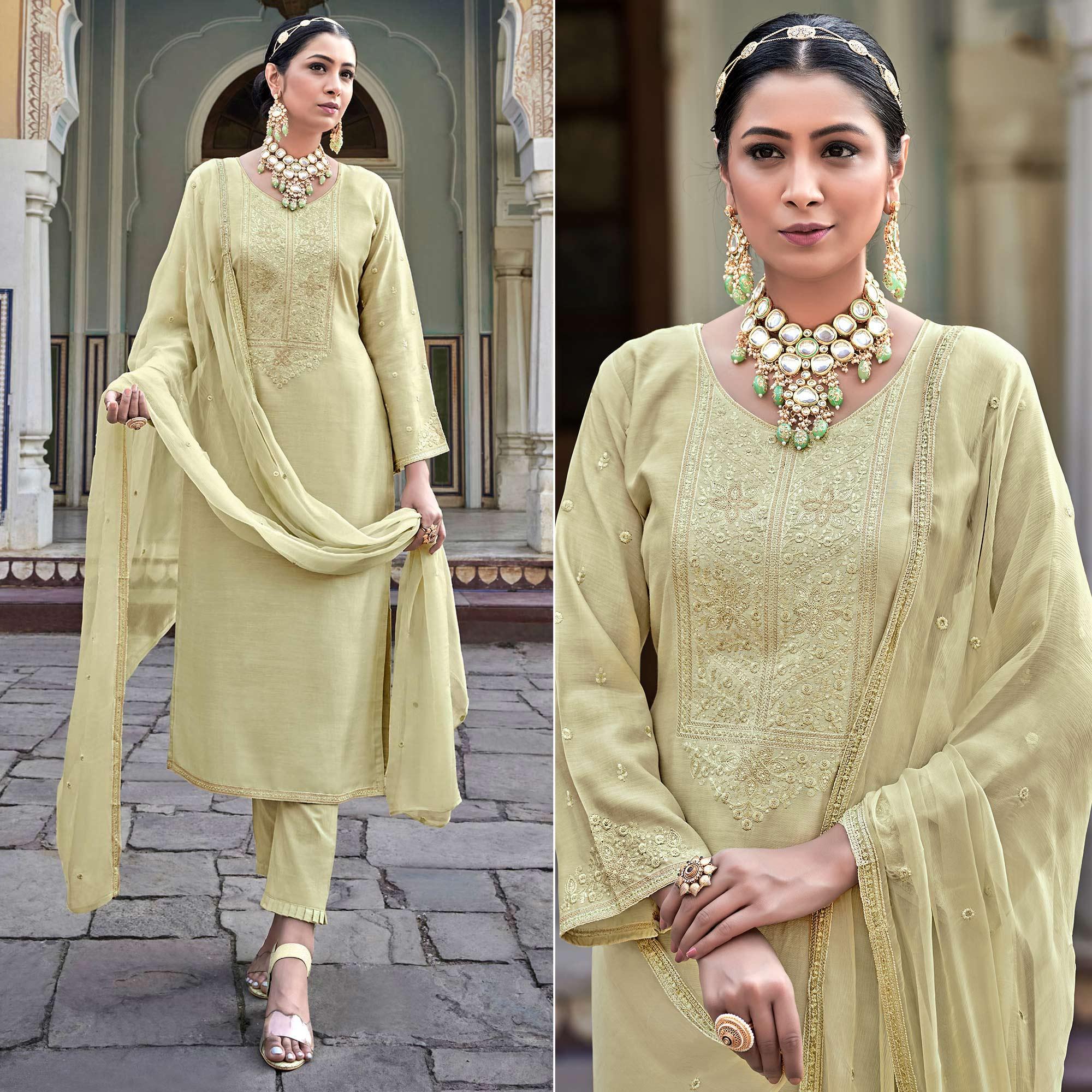 Pista Embroidered Cotton Silk Suit - Peachmode