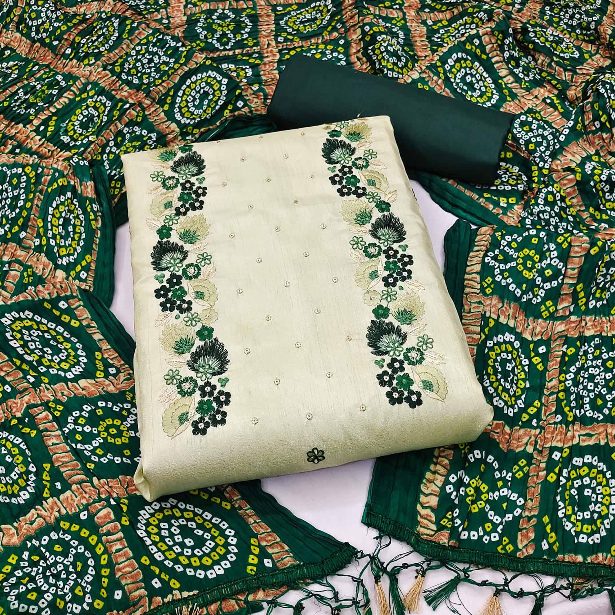 Pista Embroidered Pure Silk Dress Material - Peachmode