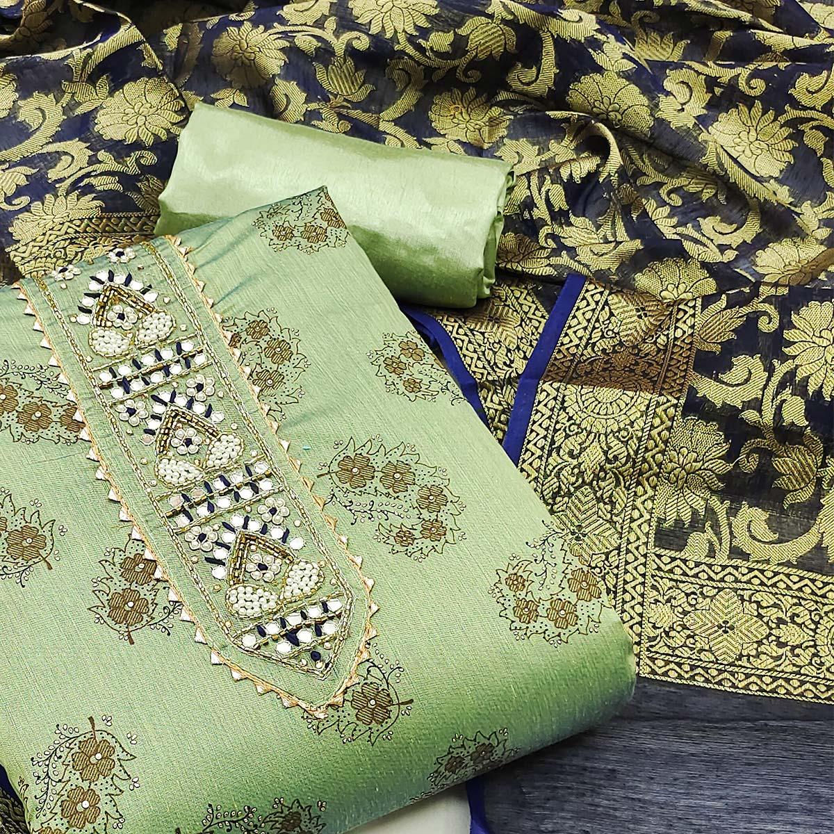 Pista Festive Wear Embroidered Floral Printed Chanderi Dress Material - Peachmode