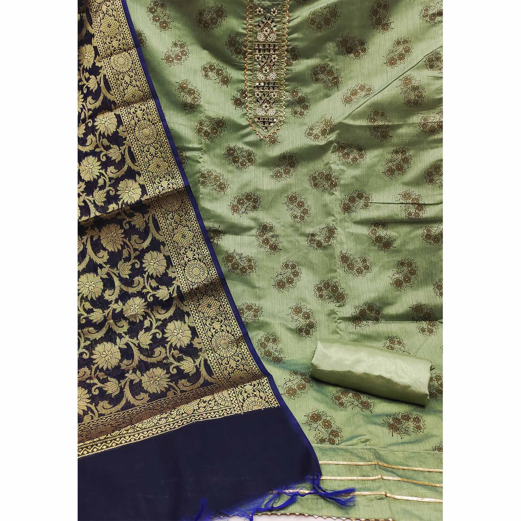 Pista Festive Wear Embroidered Floral Printed Chanderi Dress Material - Peachmode
