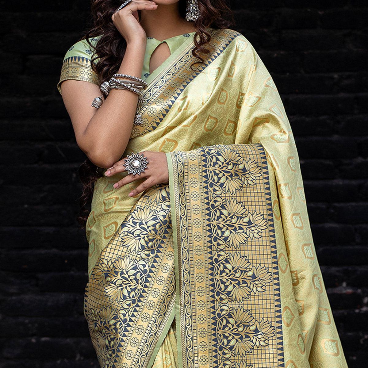 Pista Festive Wear Woven Banarasi Silk Saree - Peachmode