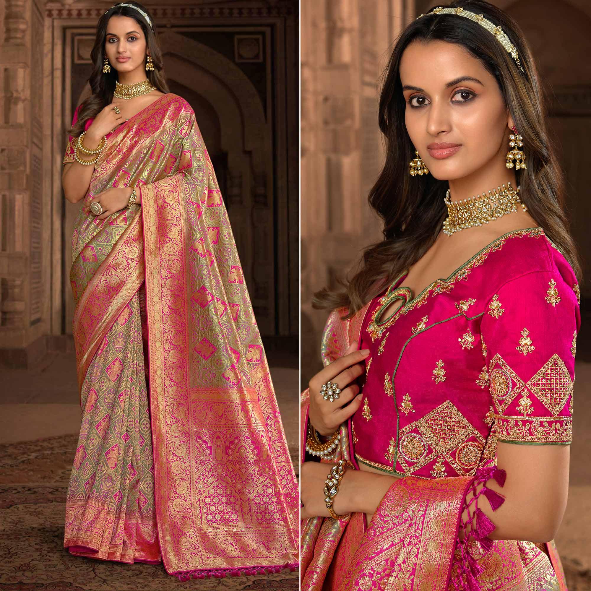 Pista Green & Pink Woven Banarasi Silk Saree With Tassels - Peachmode