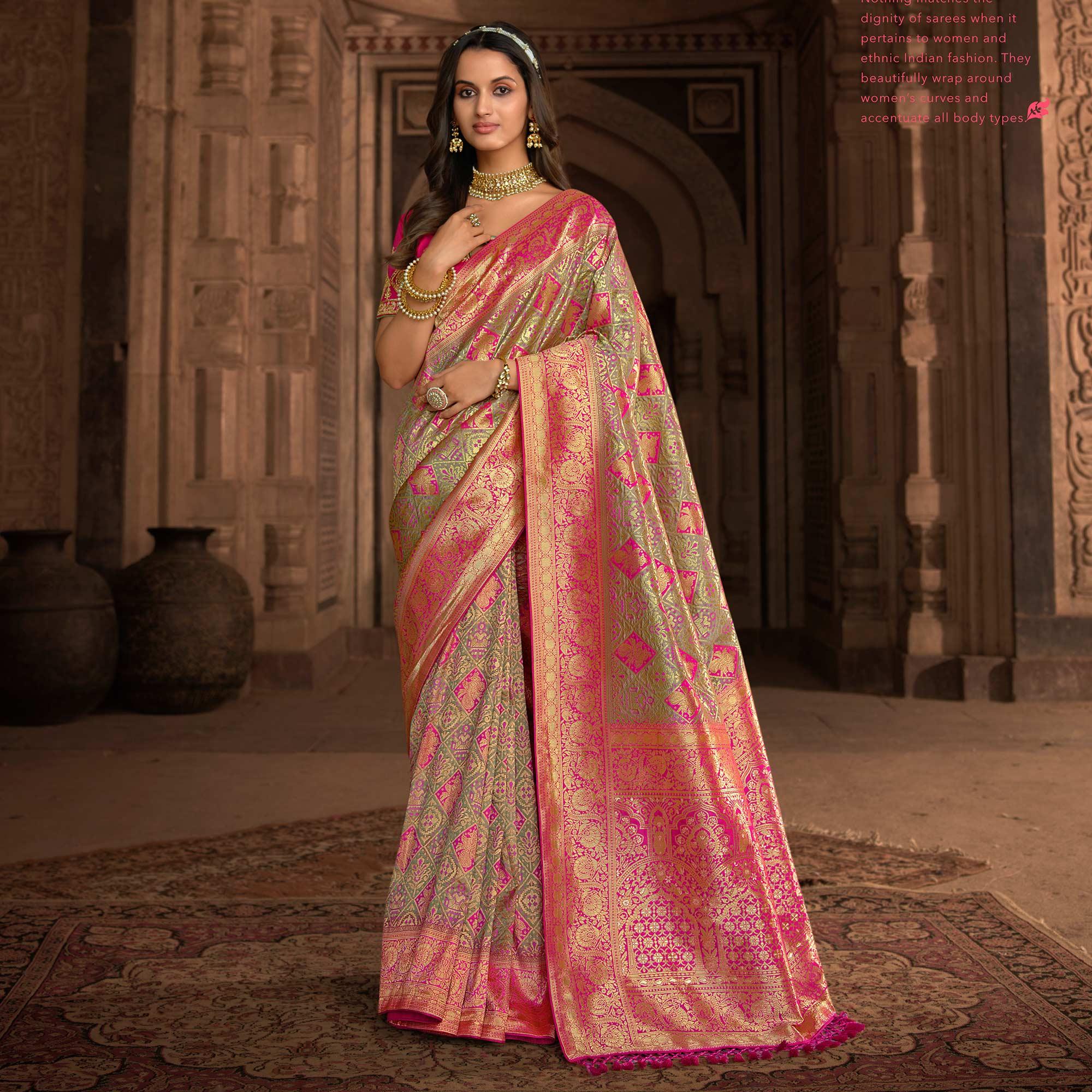 Pista Green & Pink Woven Banarasi Silk Saree With Tassels - Peachmode