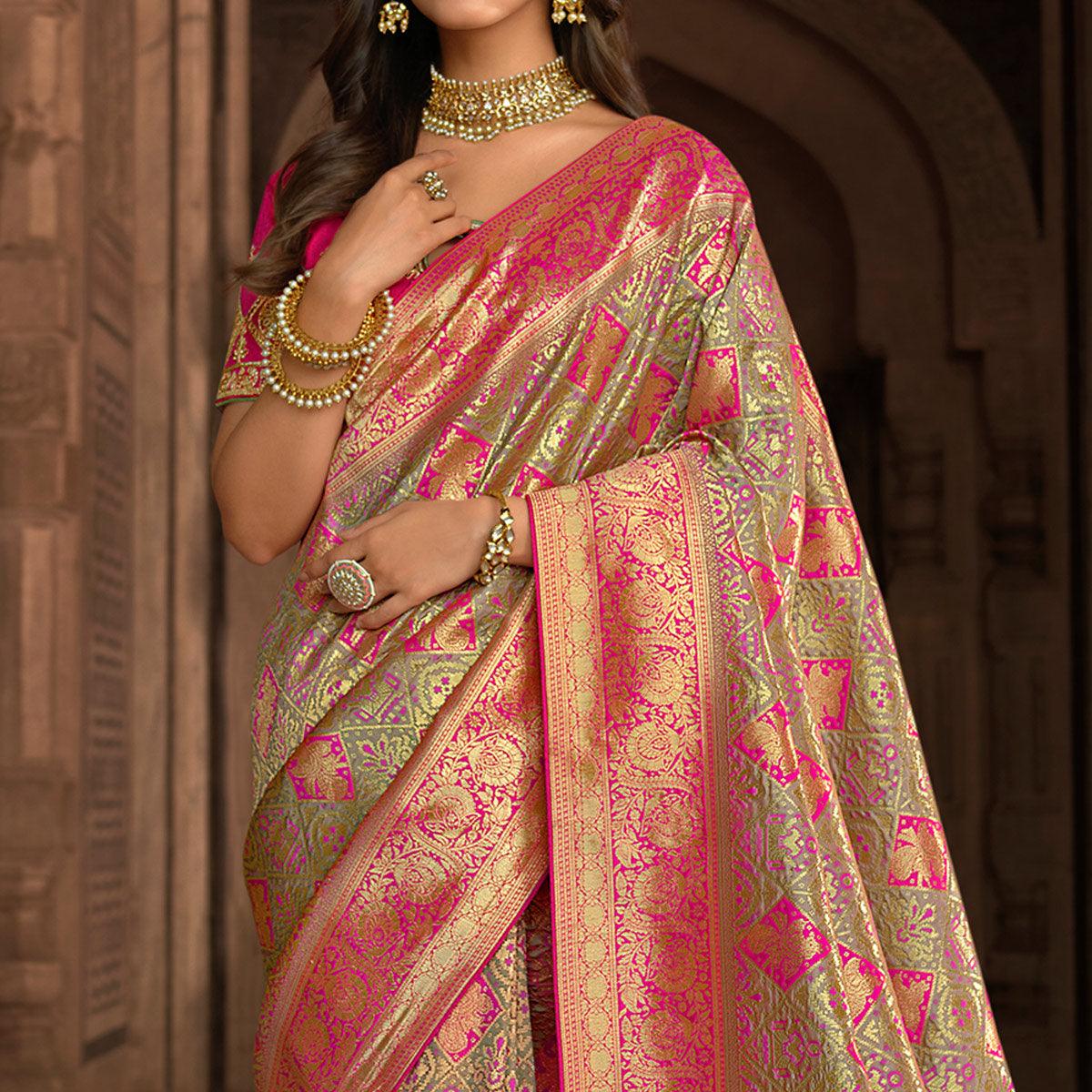 Pista Green & Pink Woven Banarasi Silk Saree With Tassels - Peachmode