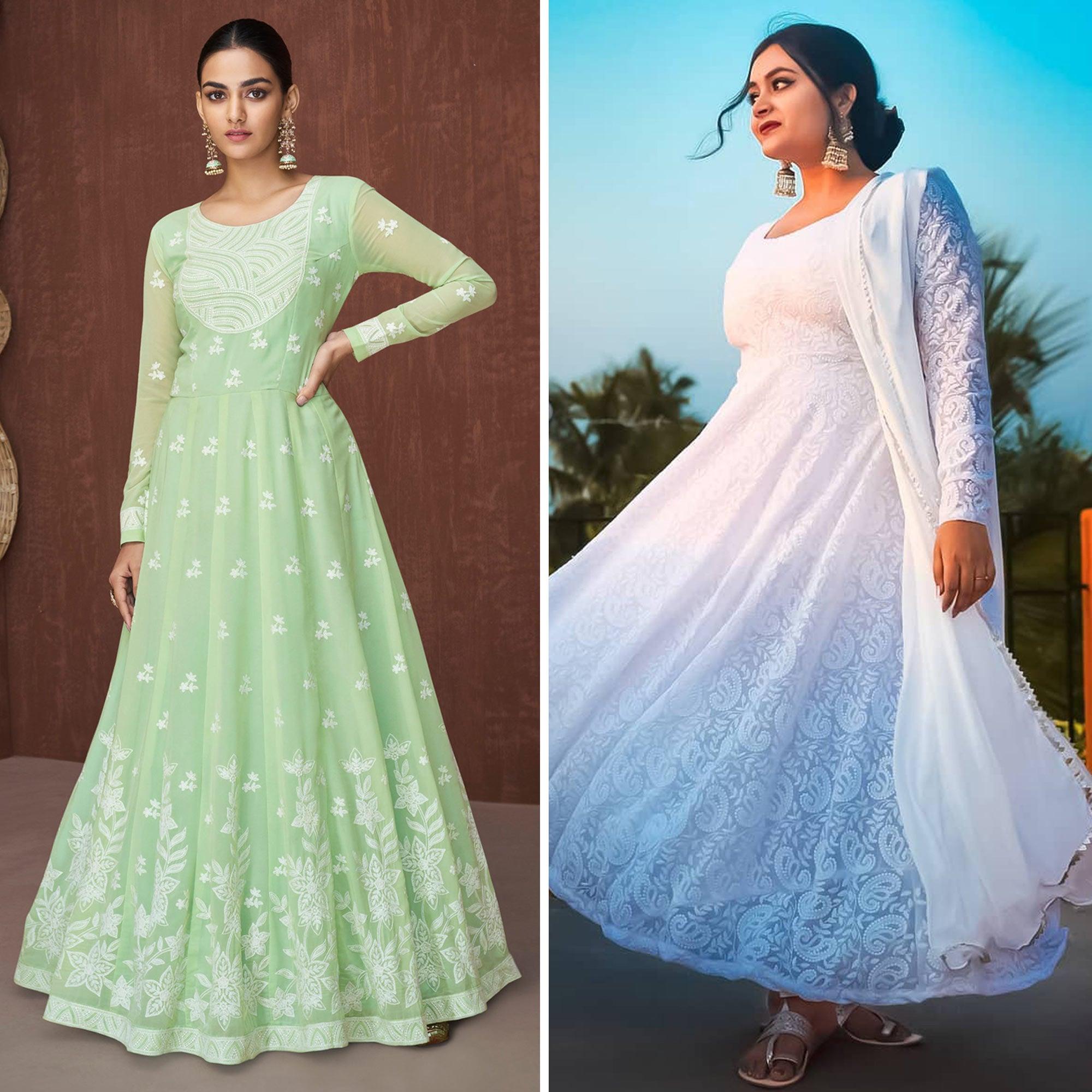 Pista Green And White Gown Pack of 2 - Peachmode