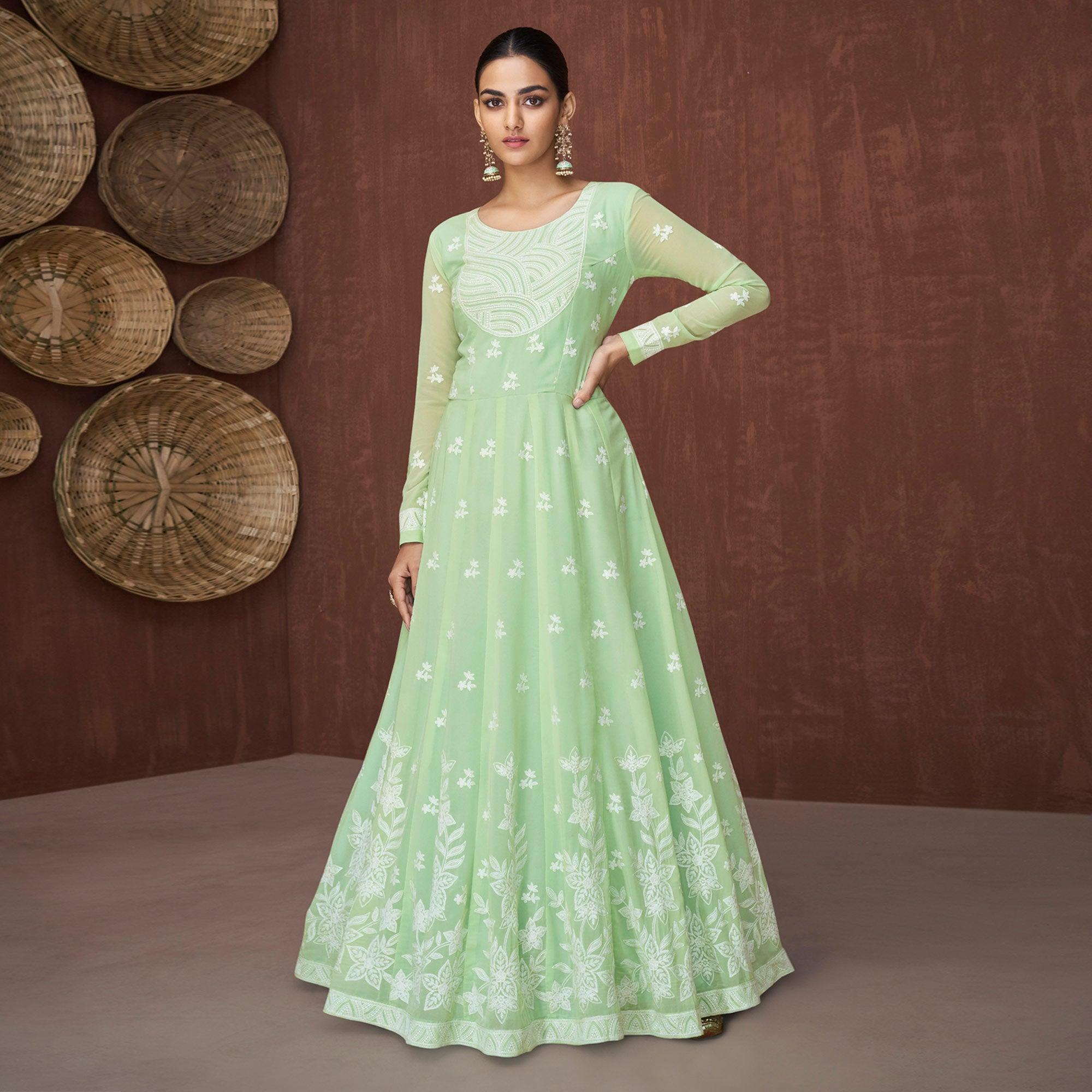 Buy Pista Green Latest Designer Party Wear Soft Net Gown Suit | Anarkali  Suits