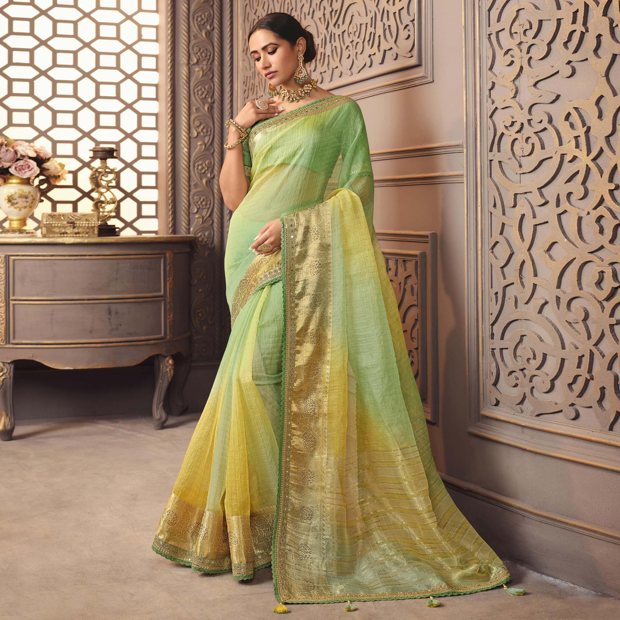 Pista Green & Yellow Woven With Fancy Border Organza Saree - Peachmode