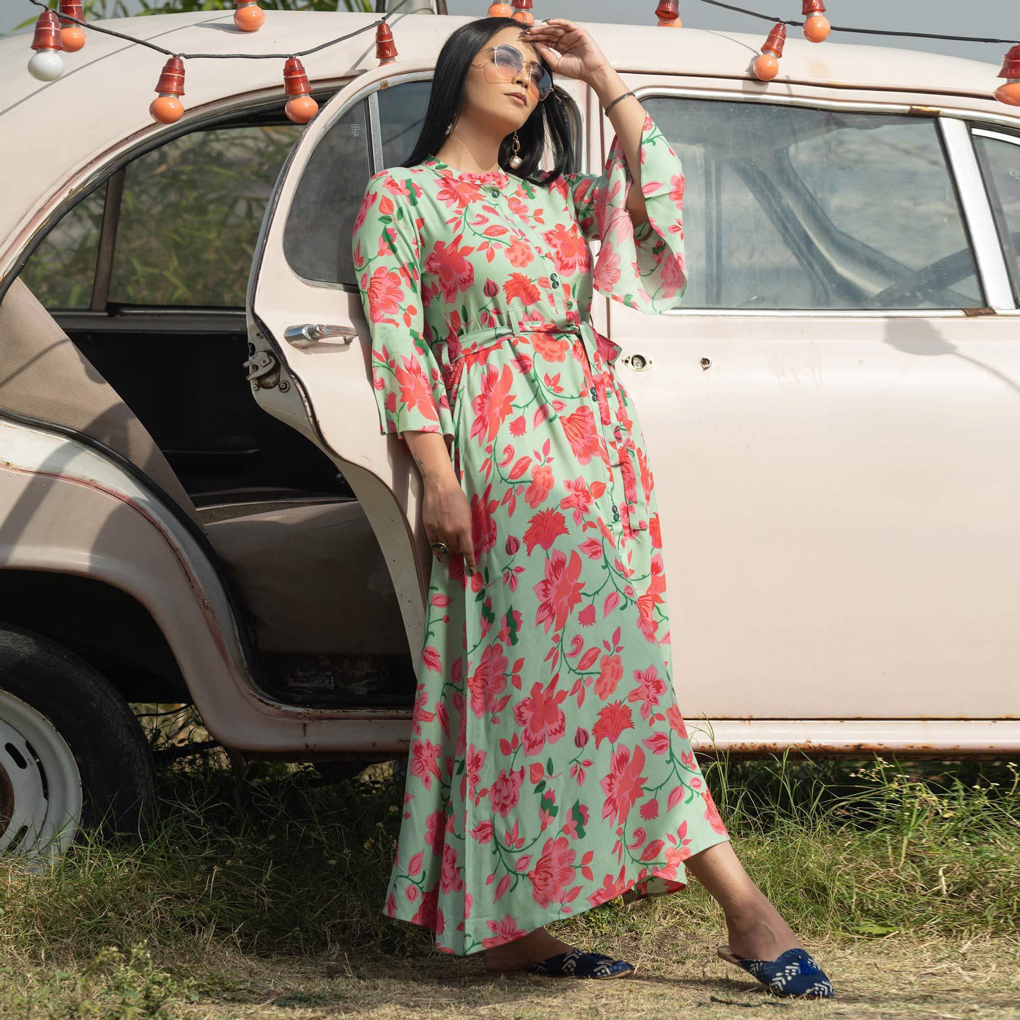 Pista Green Casual Ankle Length Printed Rayon Gown With Belt - Peachmode