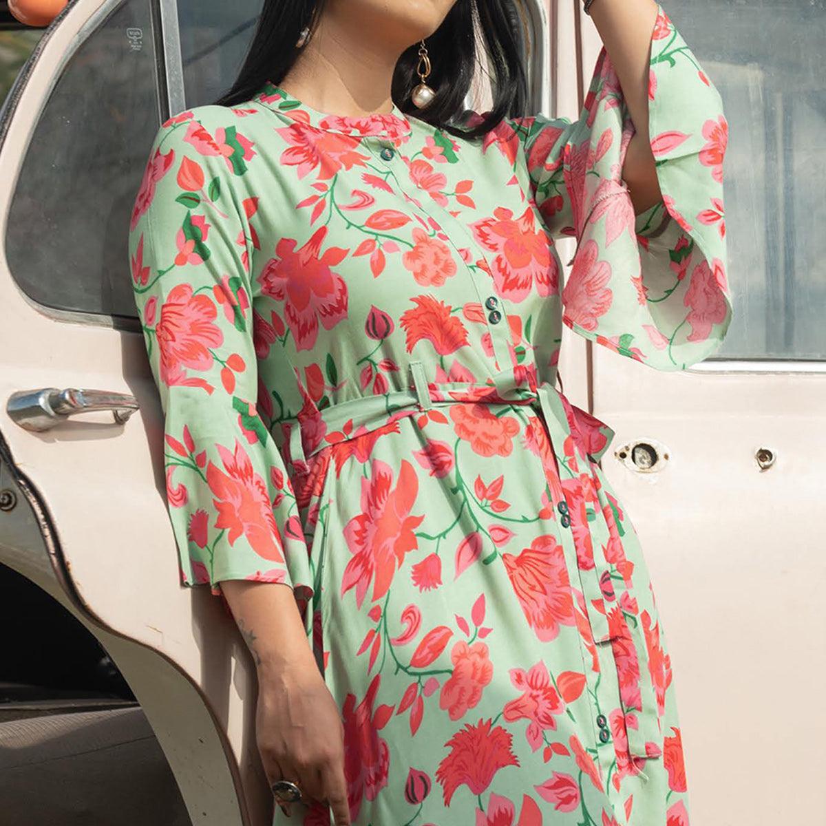 Pista Green Casual Ankle Length Printed Rayon Gown With Belt - Peachmode