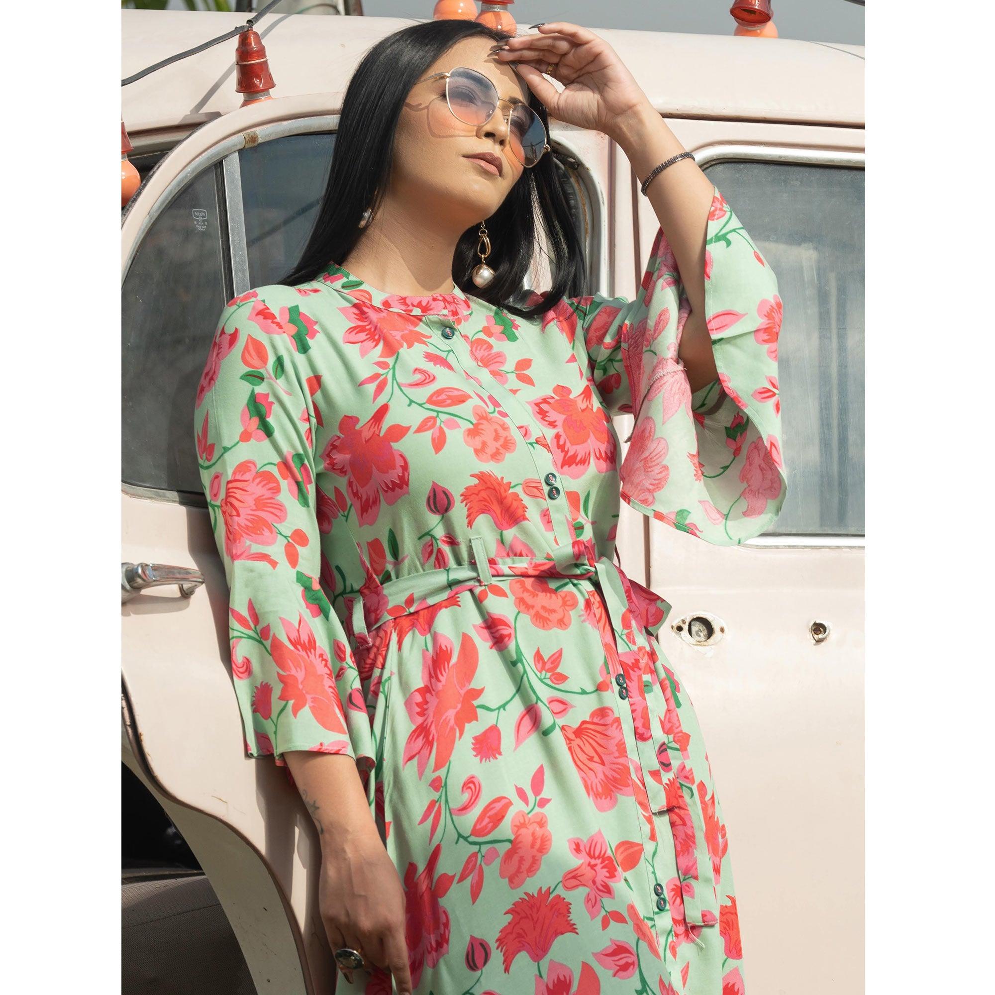 Pista Green Casual Ankle Length Printed Rayon Gown With Belt - Peachmode