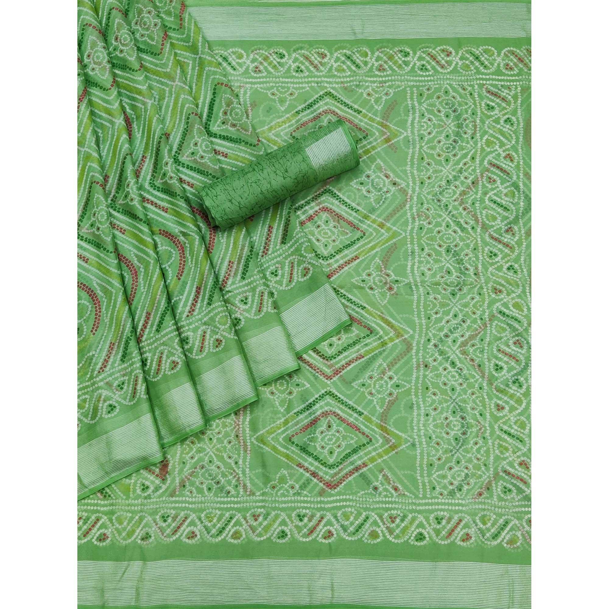 Pista Green Casual Wear Bandhani Printed Chiffon Saree - Peachmode