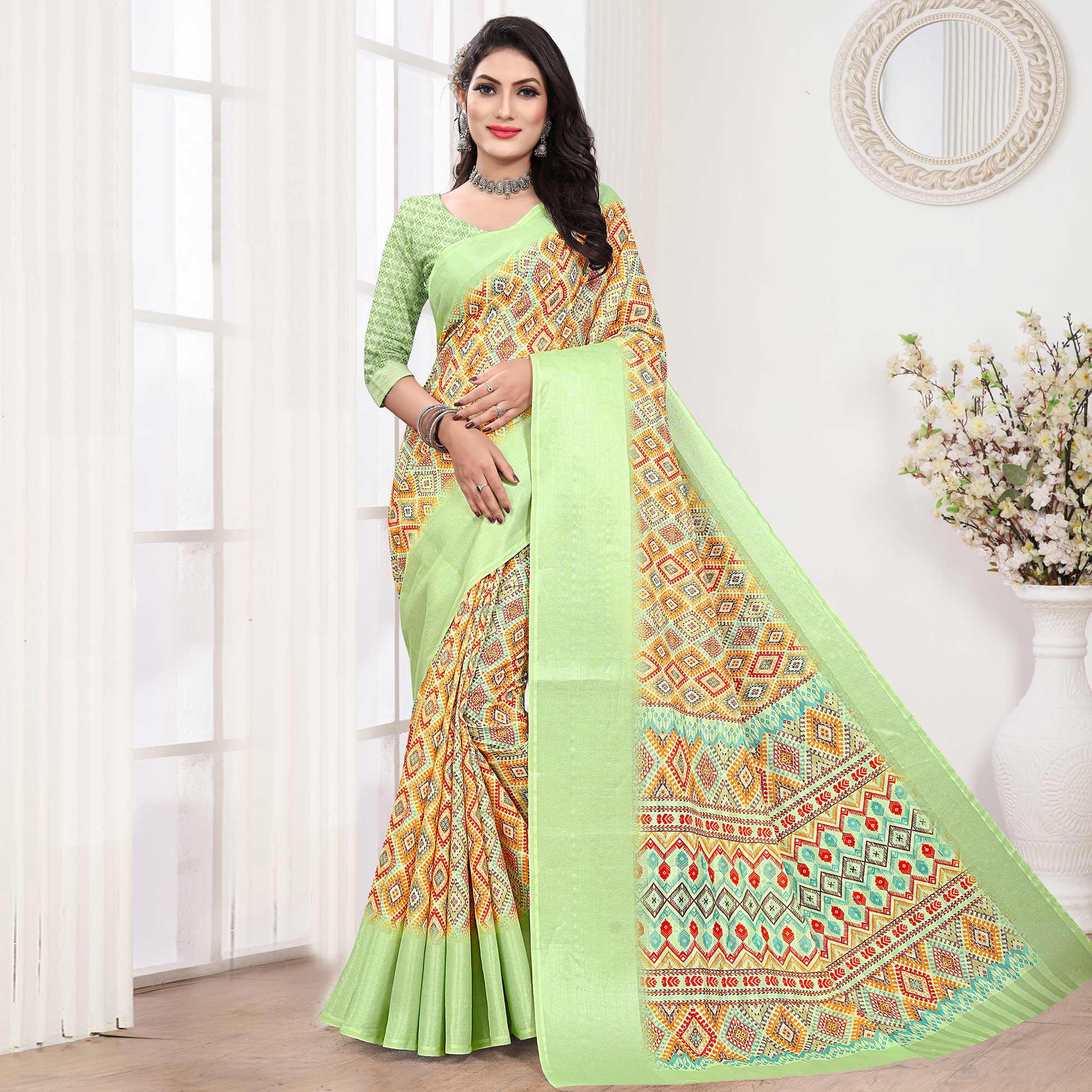 Pista Green Casual Wear Digital Printed Cotton Silk Saree - Peachmode