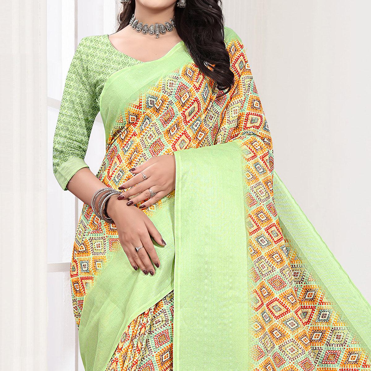 Pista Green Casual Wear Digital Printed Cotton Silk Saree - Peachmode