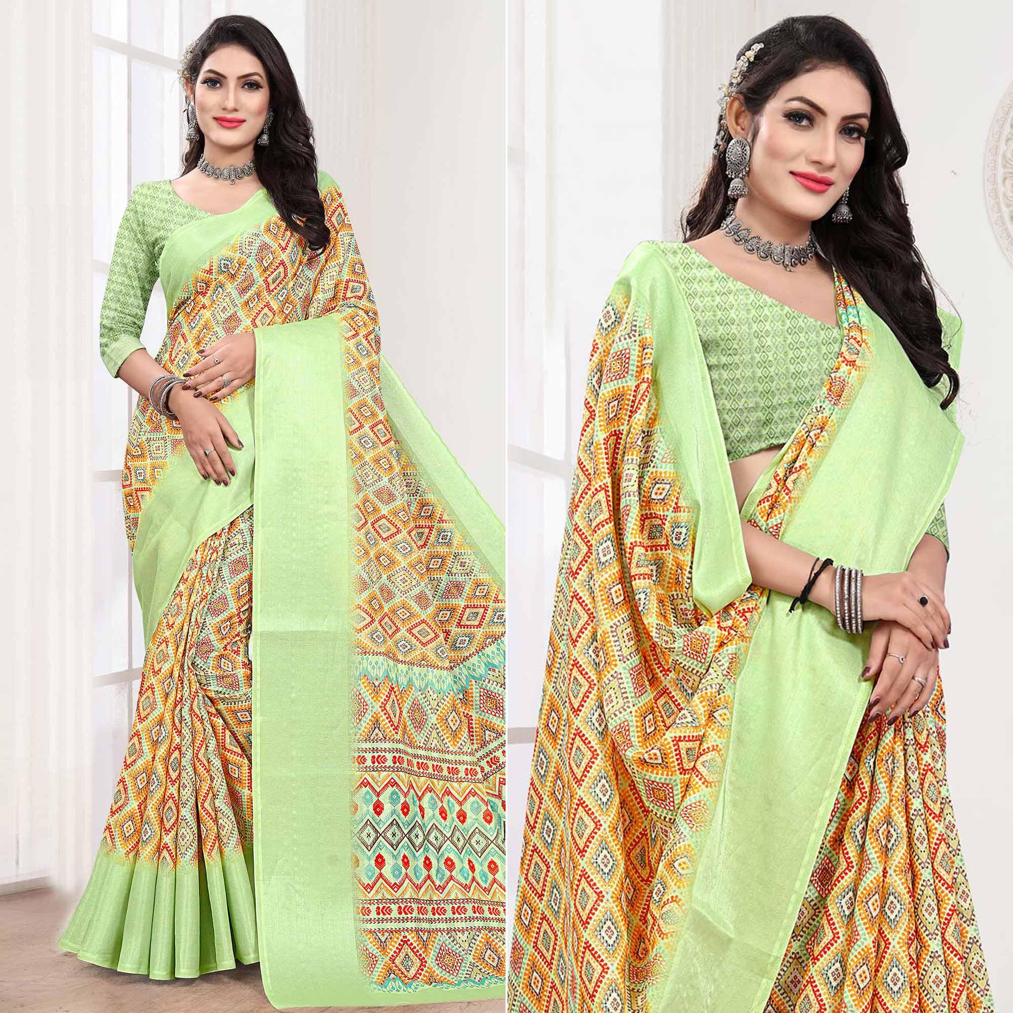 Pista Green Casual Wear Digital Printed Cotton Silk Saree - Peachmode