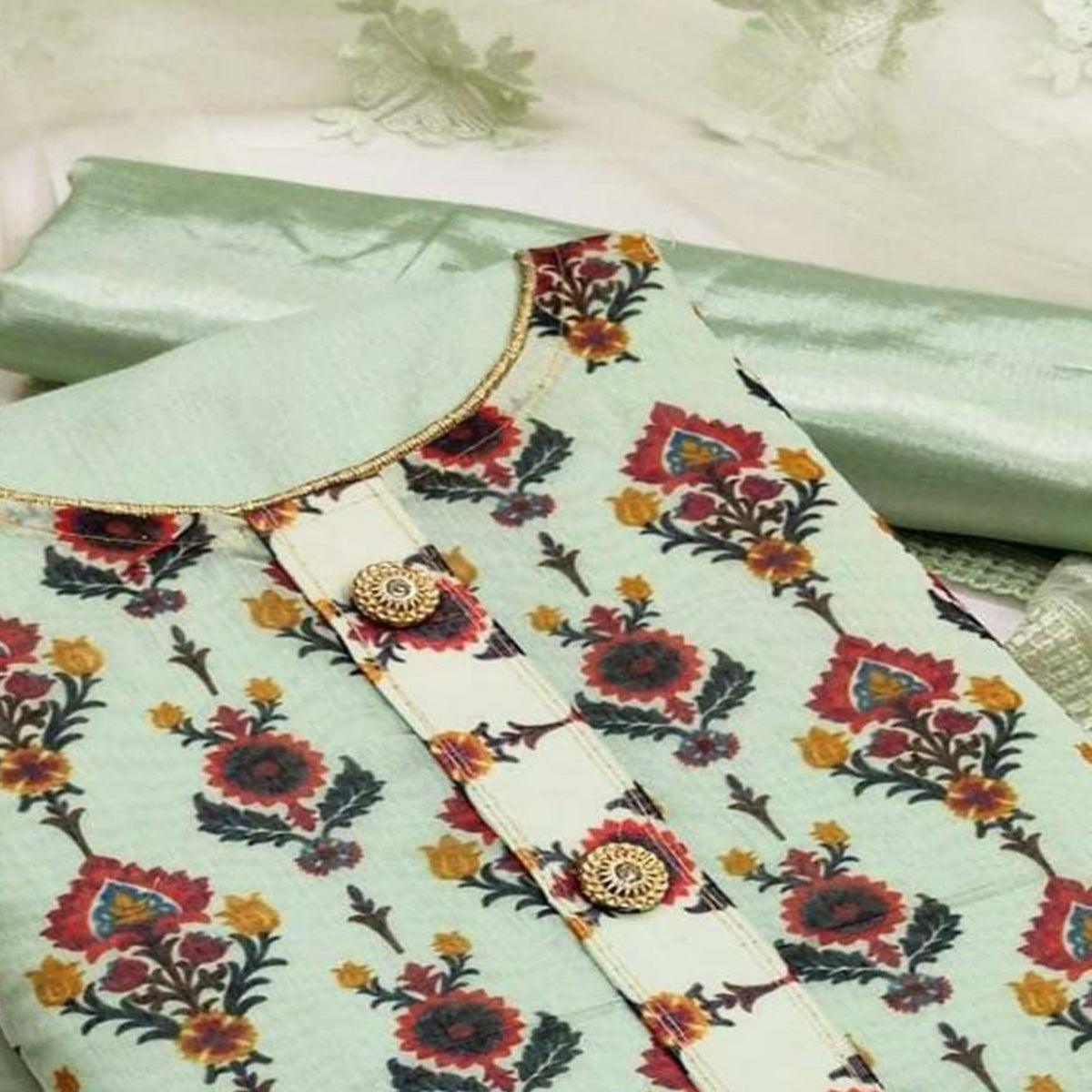 Pista Green Casual Wear Digital Printed Modal Chanderi  Dress Material - Peachmode