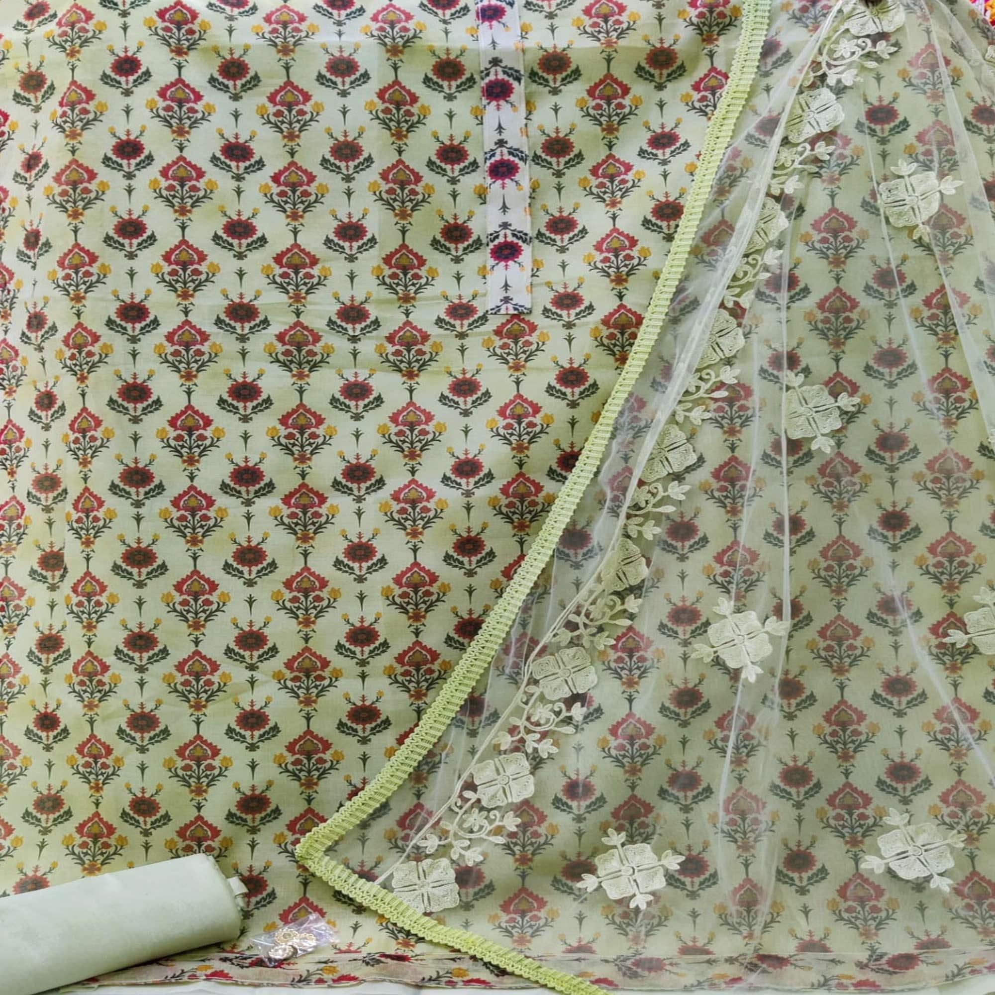 Pista Green Casual Wear Digital Printed Modal Chanderi  Dress Material - Peachmode