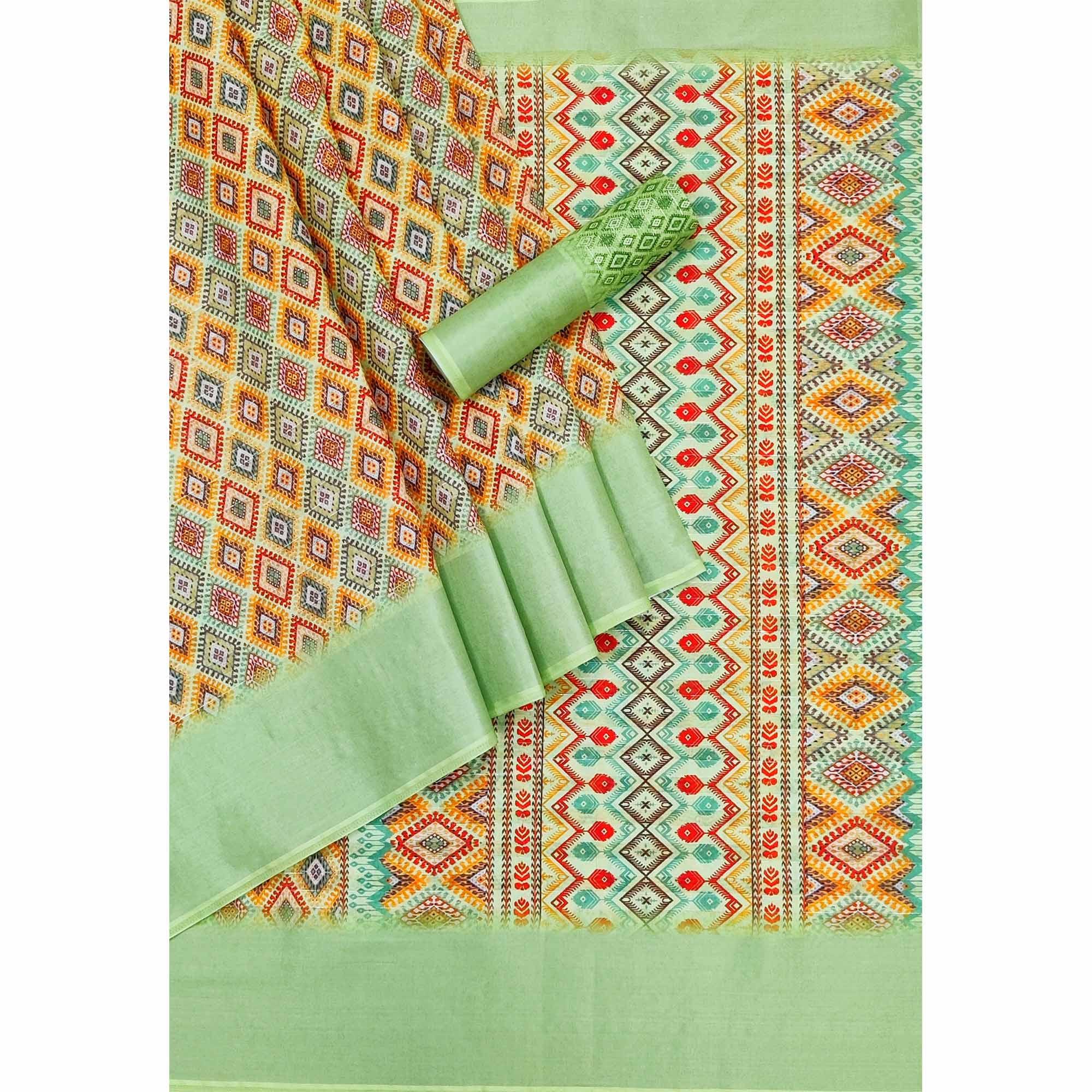 Pista Green Casual Wear Digital Printed Silk Saree With jacquard Border - Peachmode