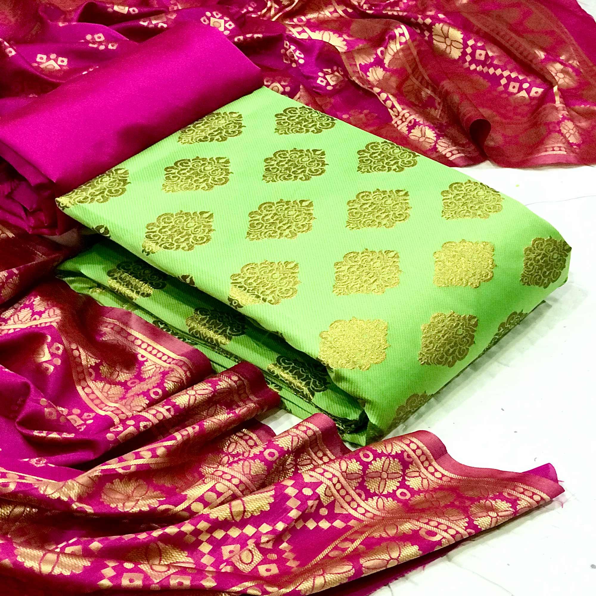 Pista Green Casual Wear Embroidered Banarasi Silk Dress Material - Peachmode