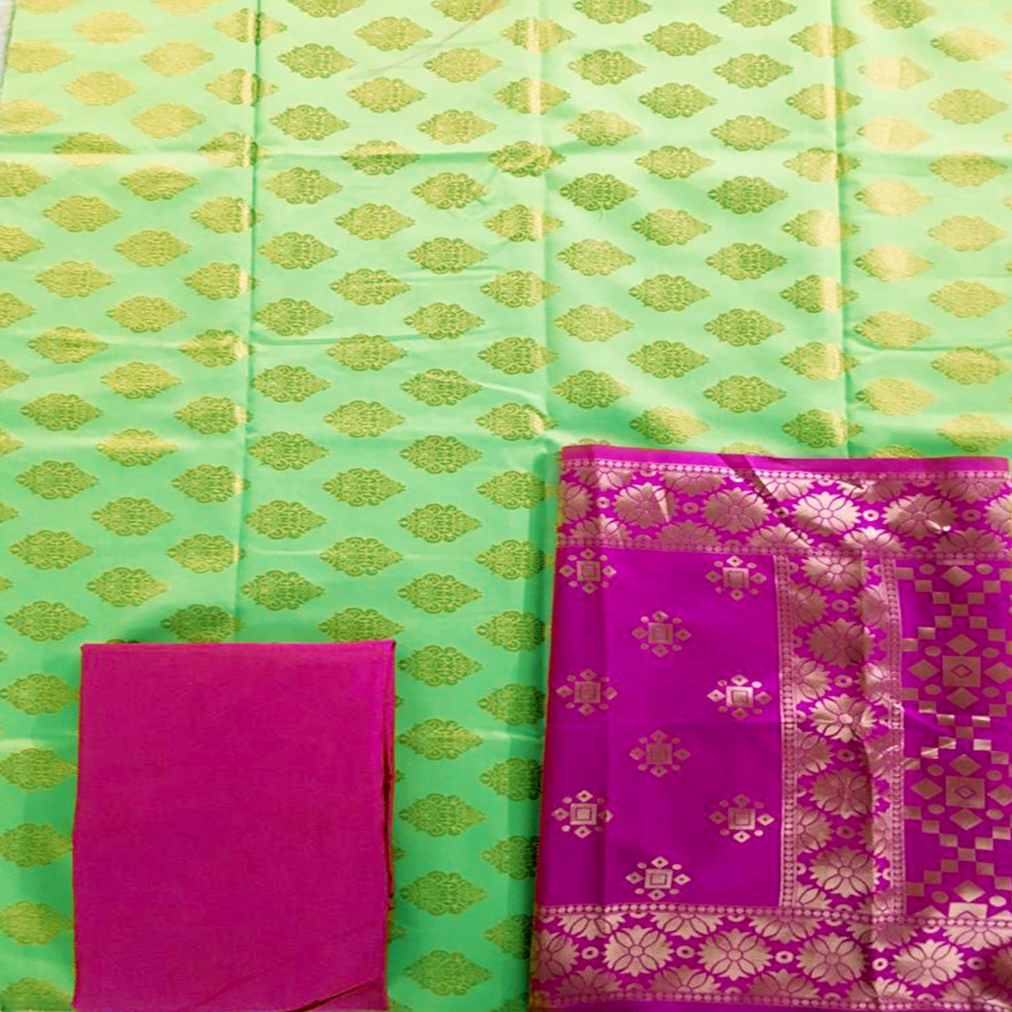 Pista Green Casual Wear Embroidered Banarasi Silk Dress Material - Peachmode