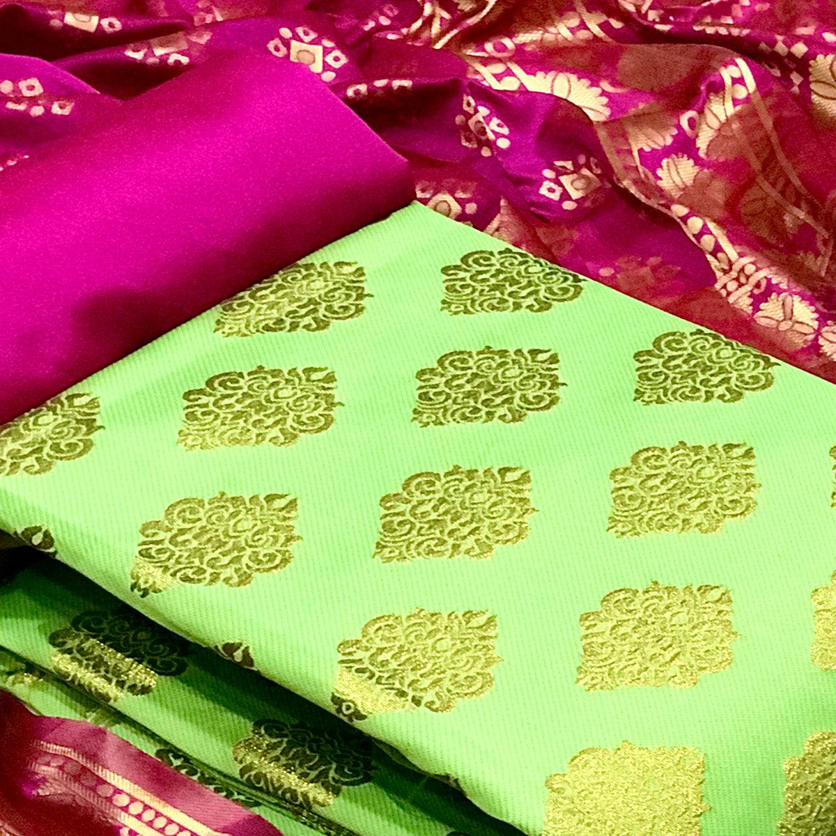 Pista Green Casual Wear Embroidered Banarasi Silk Dress Material - Peachmode