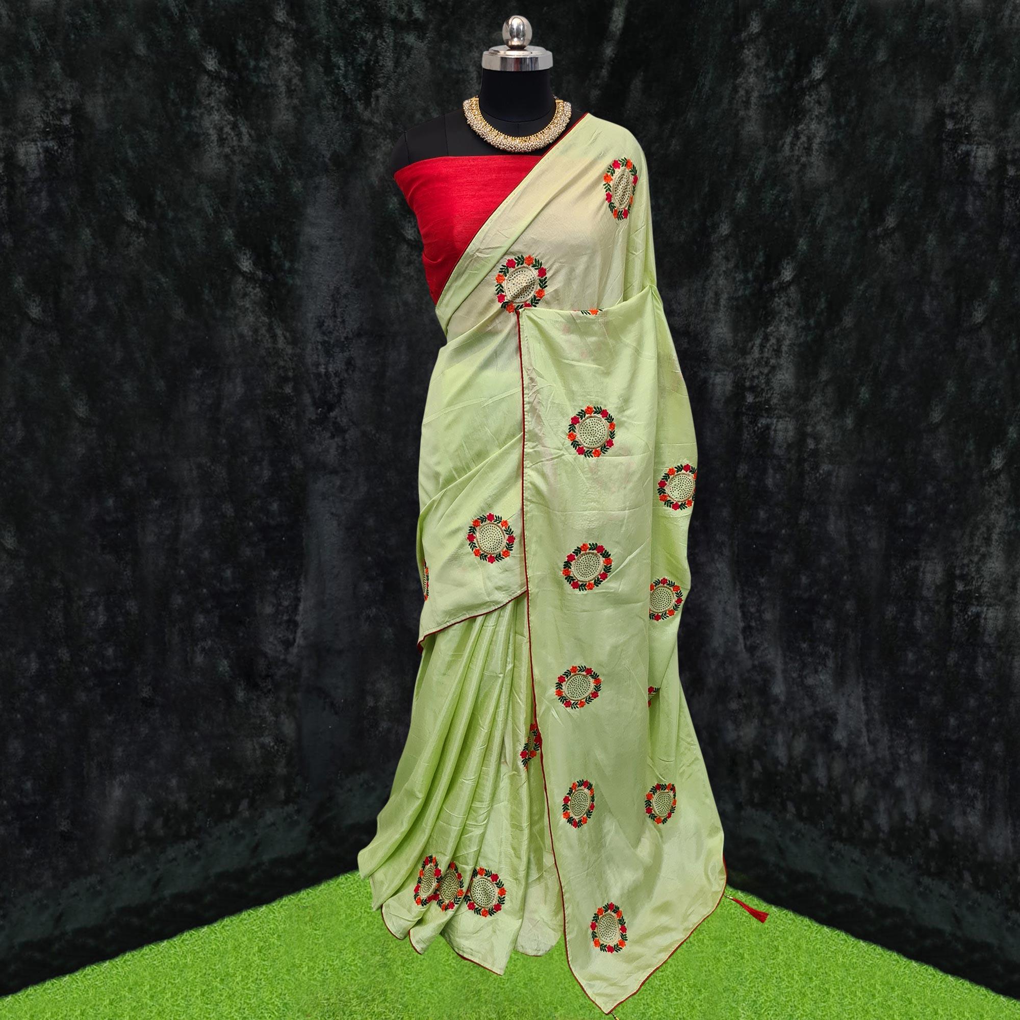 Pista Green Casual Wear Embroidered Dola Silk Saree - Peachmode