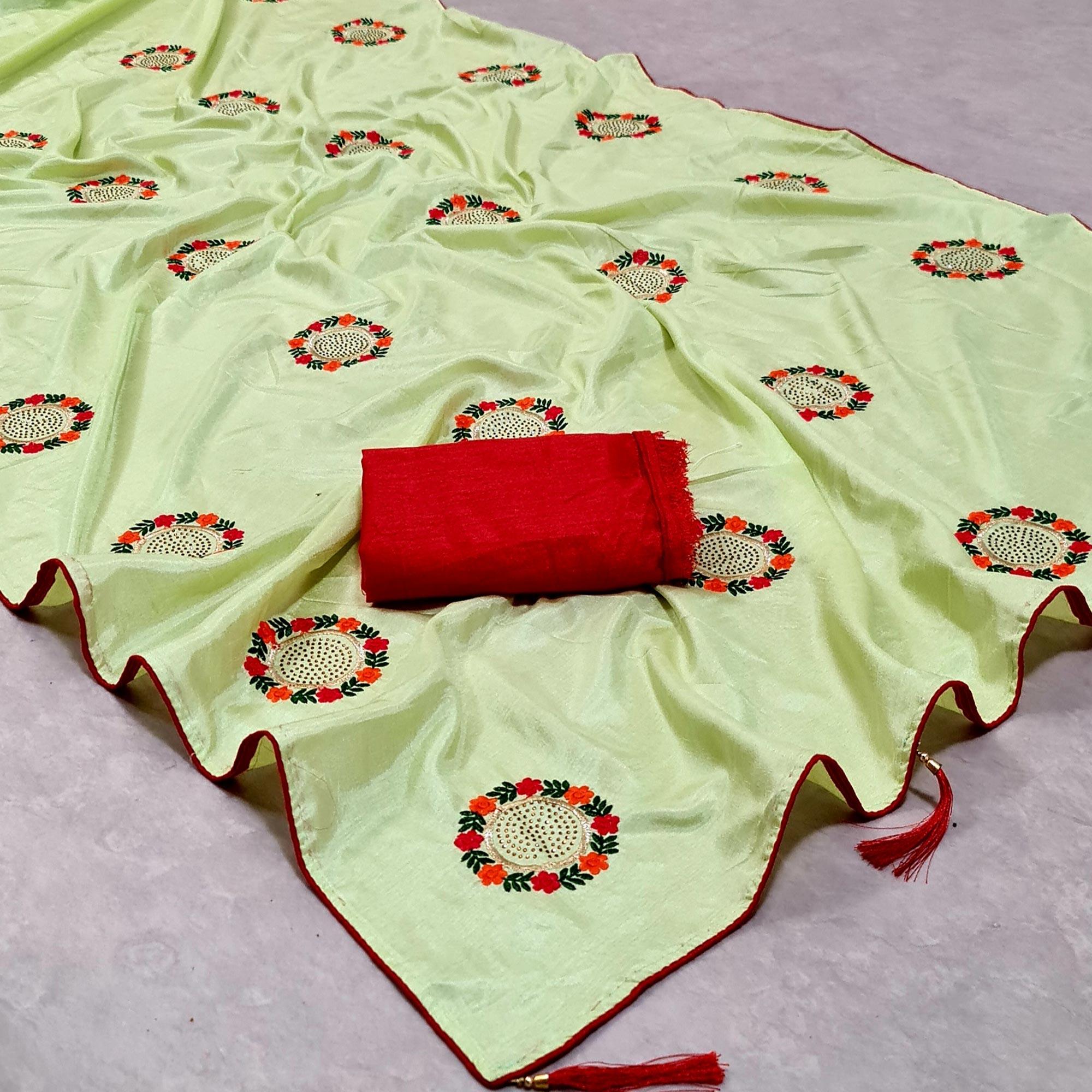 Pista Green Casual Wear Embroidered Dola Silk Saree - Peachmode