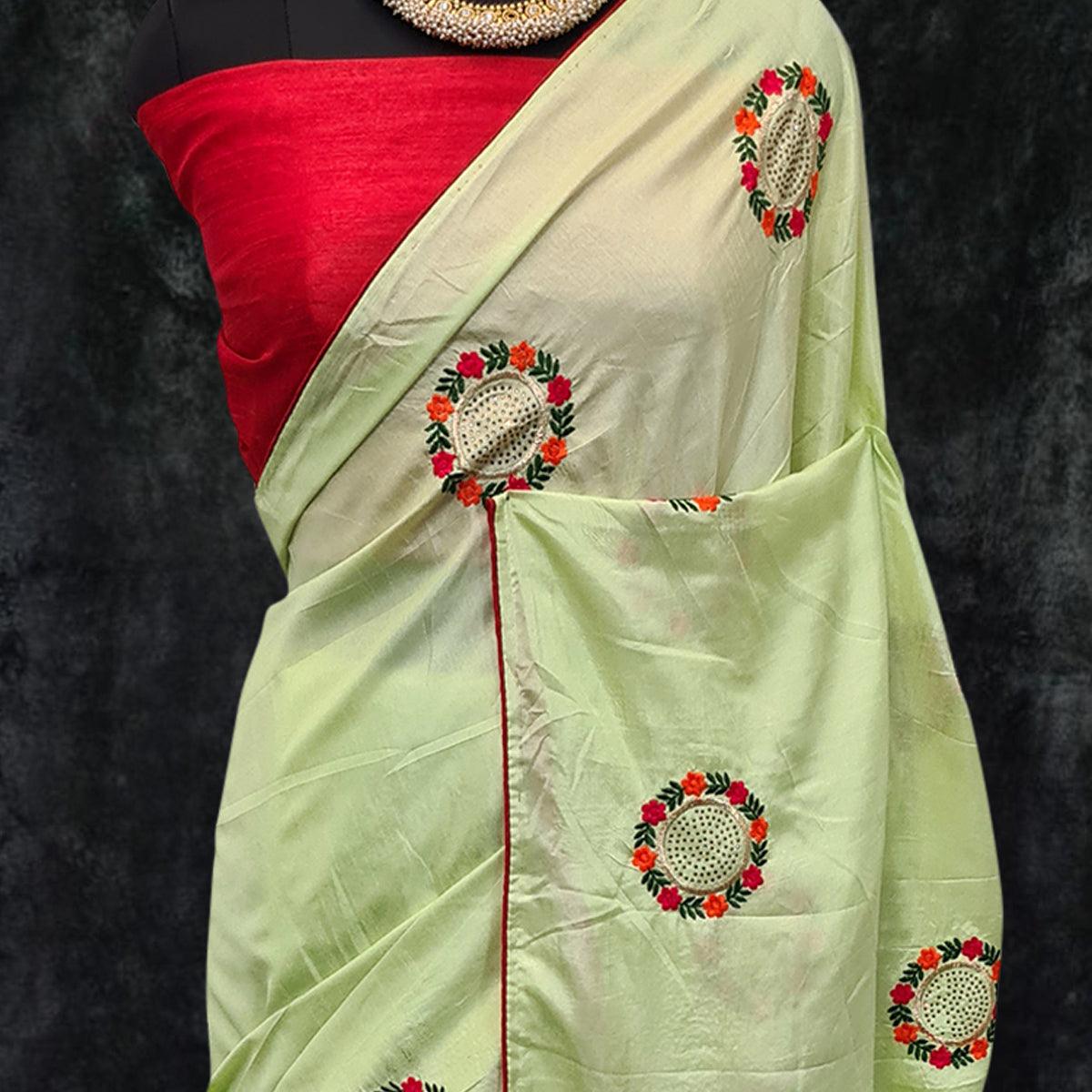 Pista Green Casual Wear Embroidered Dola Silk Saree - Peachmode
