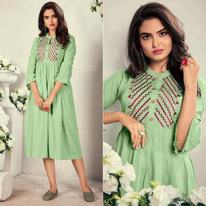Pista Green Casual Wear Embroidered Rayon Maternity Kurti - Peachmode