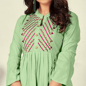 Pista Green Casual Wear Embroidered Rayon Maternity Kurti - Peachmode