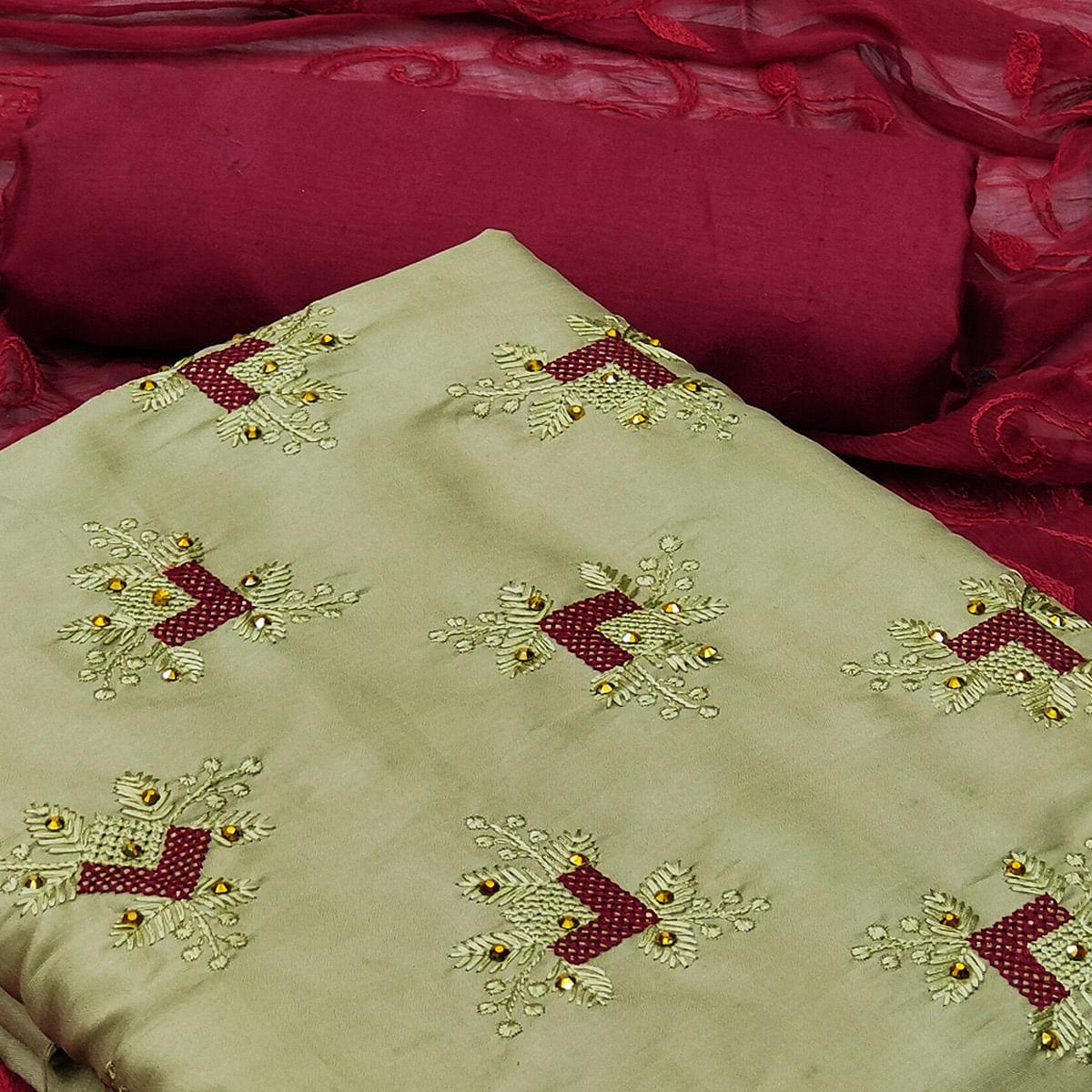 Pista Green Casual Wear Embroidered Silk Dress Material - Peachmode