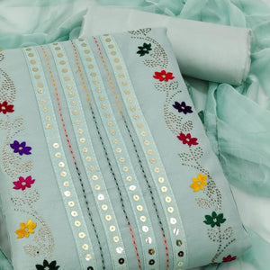 Pista Green Casual Wear Embroidered With Embellished Chanderi Dress Material - Peachmode