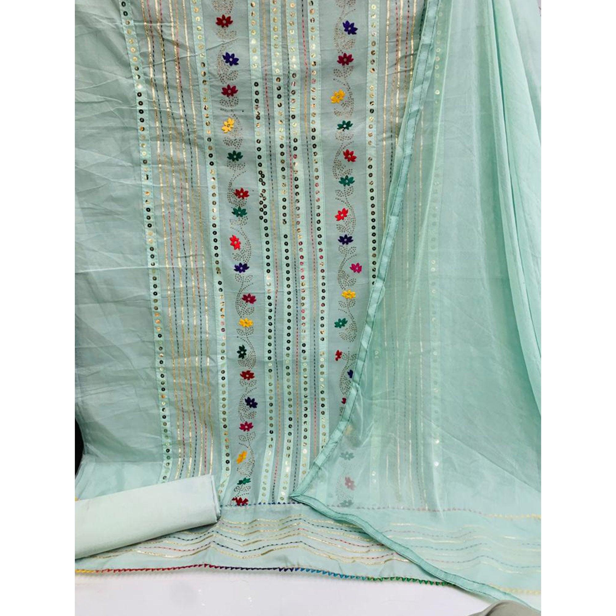 Pista Green Casual Wear Embroidered With Embellished Chanderi Dress Material - Peachmode