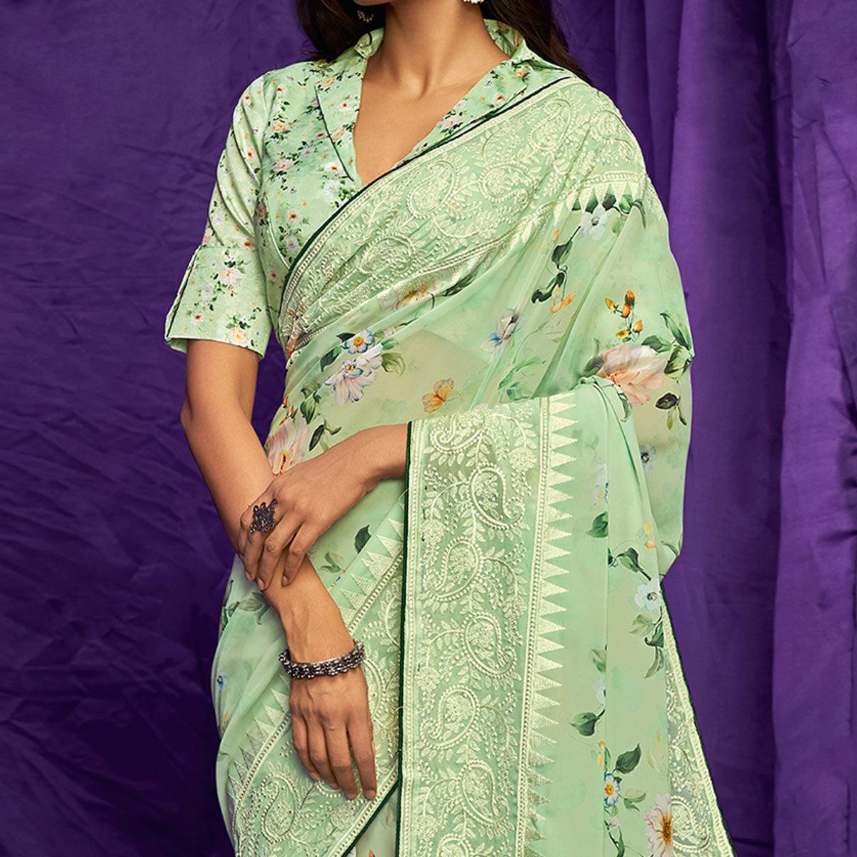 Pista Green Casual Wear Floral Digital Printed Pure Georgette Saree - Peachmode