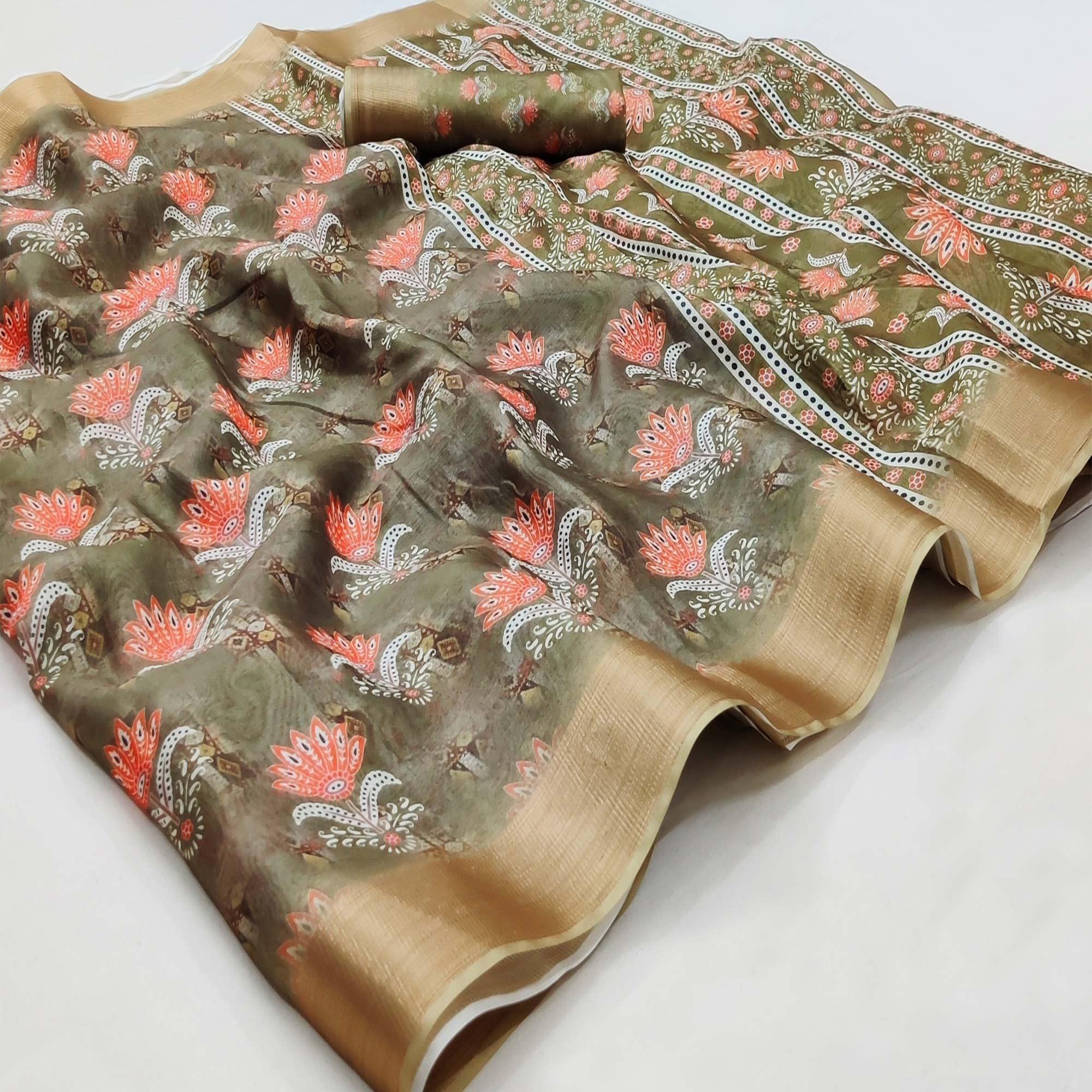 Pista Green Casual Wear Floral Digital Printed Silk Saree With Jacquard Border - Peachmode