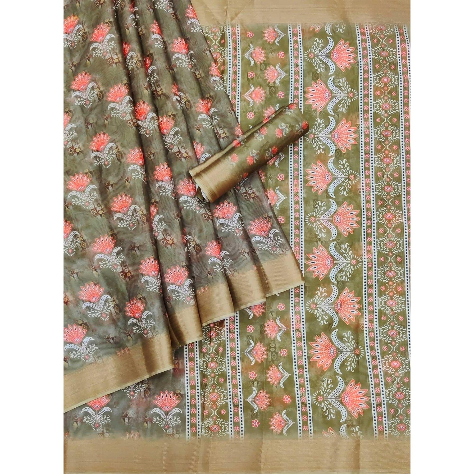Pista Green Casual Wear Floral Digital Printed Silk Saree With Jacquard Border - Peachmode