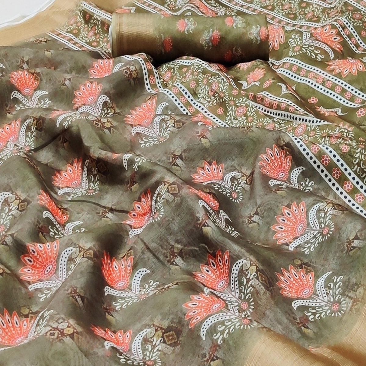 Pista Green Casual Wear Floral Digital Printed Silk Saree With Jacquard Border - Peachmode