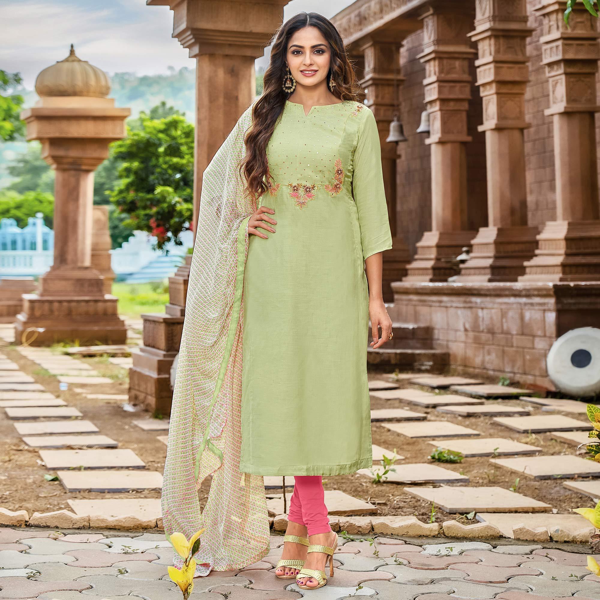 Pista Green Casual Wear Floral Embroidered Chanderi Dress Material