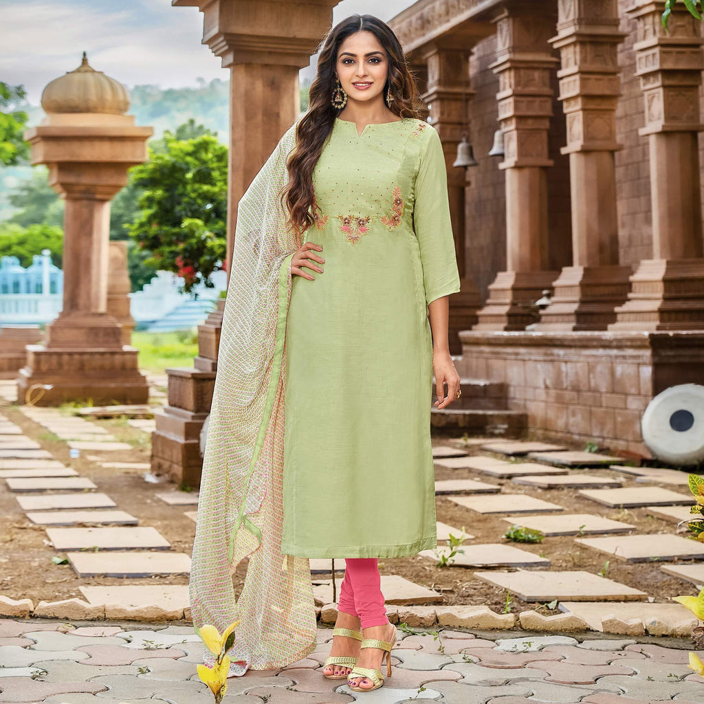 Buy Online Embroidered Chanderi Cotton Pant Style Suit in Green : 59527 