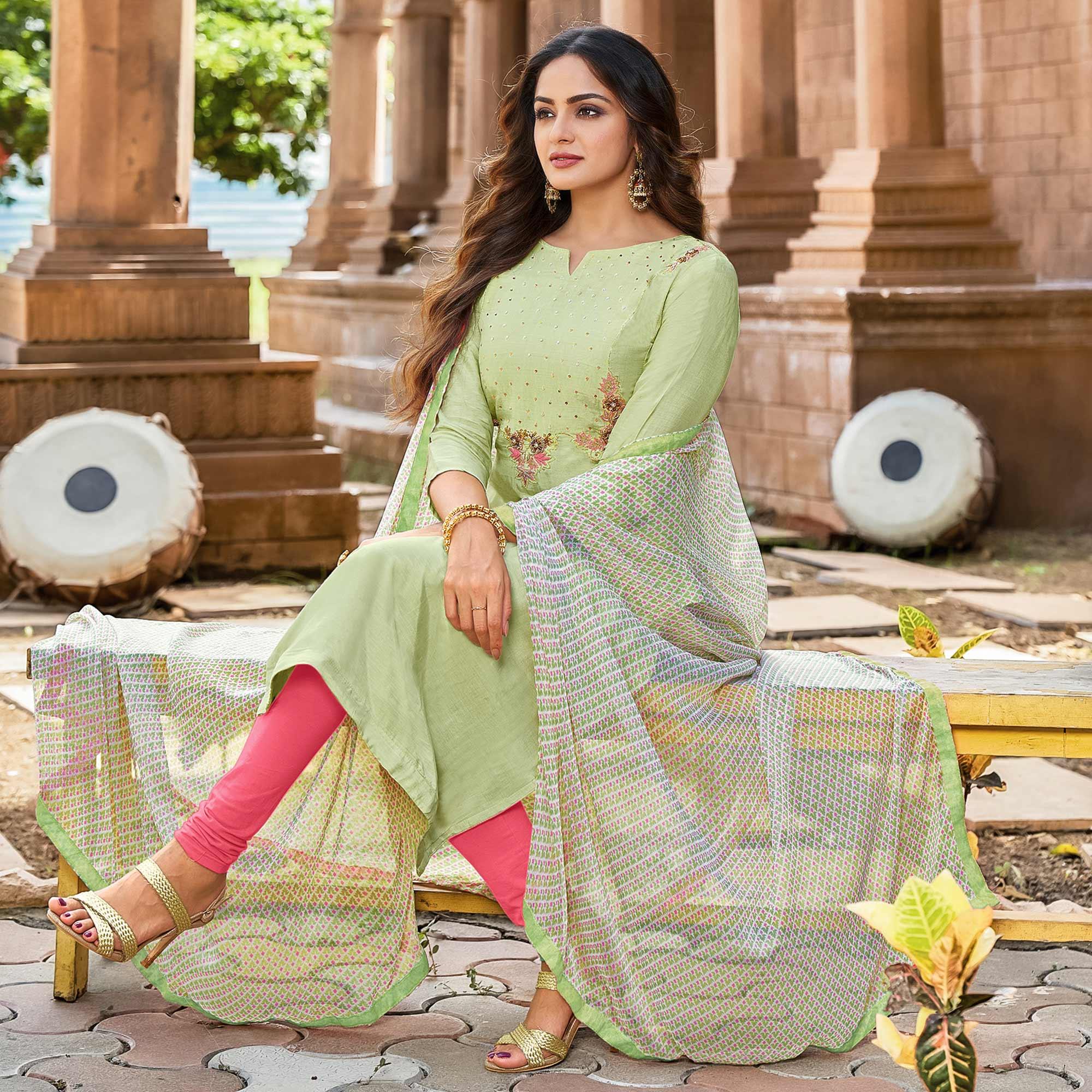 Pista Green Casual Wear Floral Embroidered Chanderi Dress Material - Peachmode