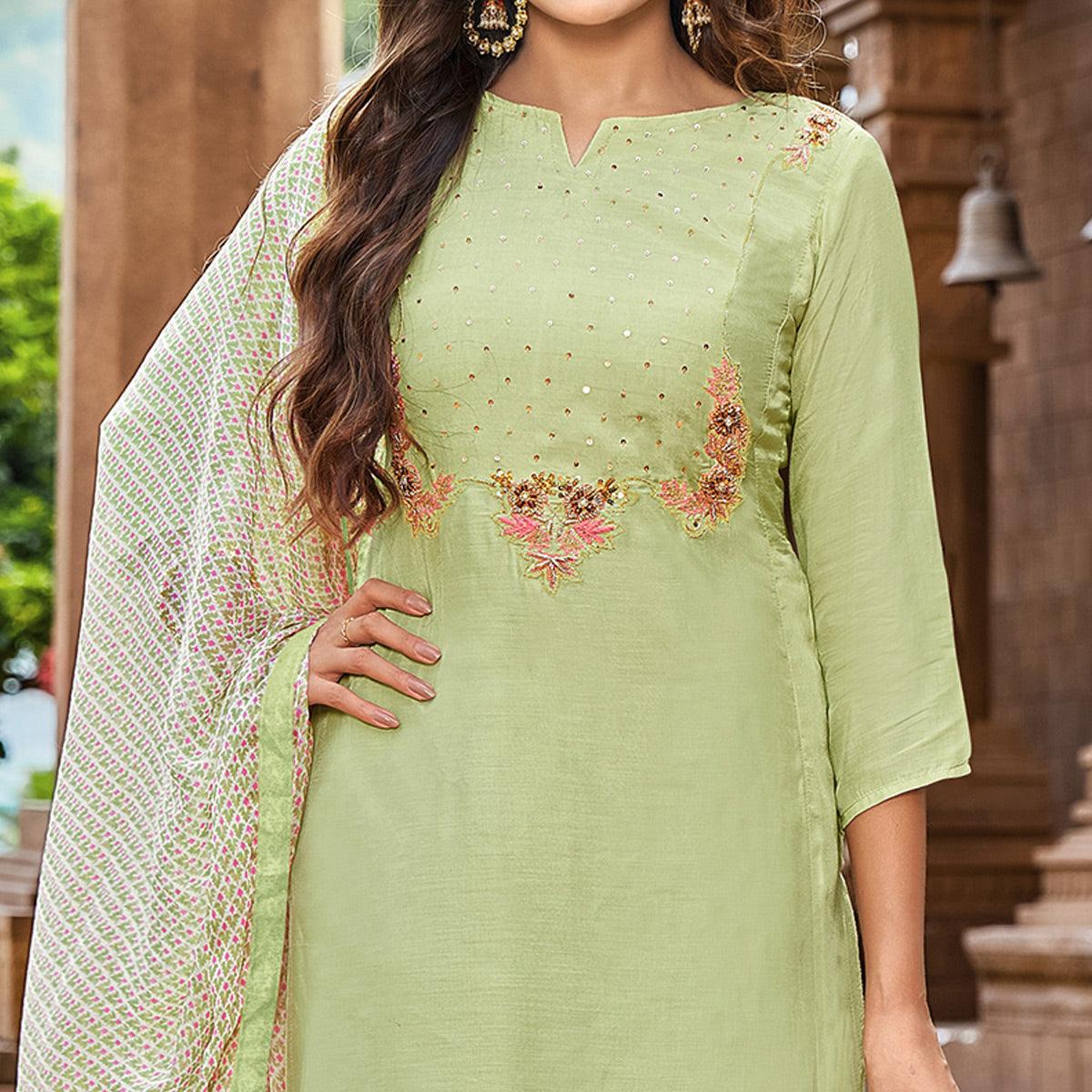 Pista Green Casual Wear Floral Embroidered Chanderi Dress Material - Peachmode